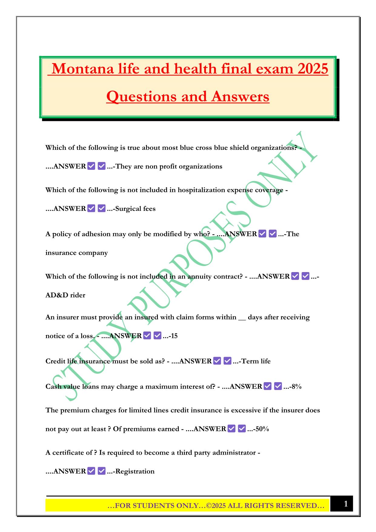Montana life and health final exam 2025 Questions and Answers