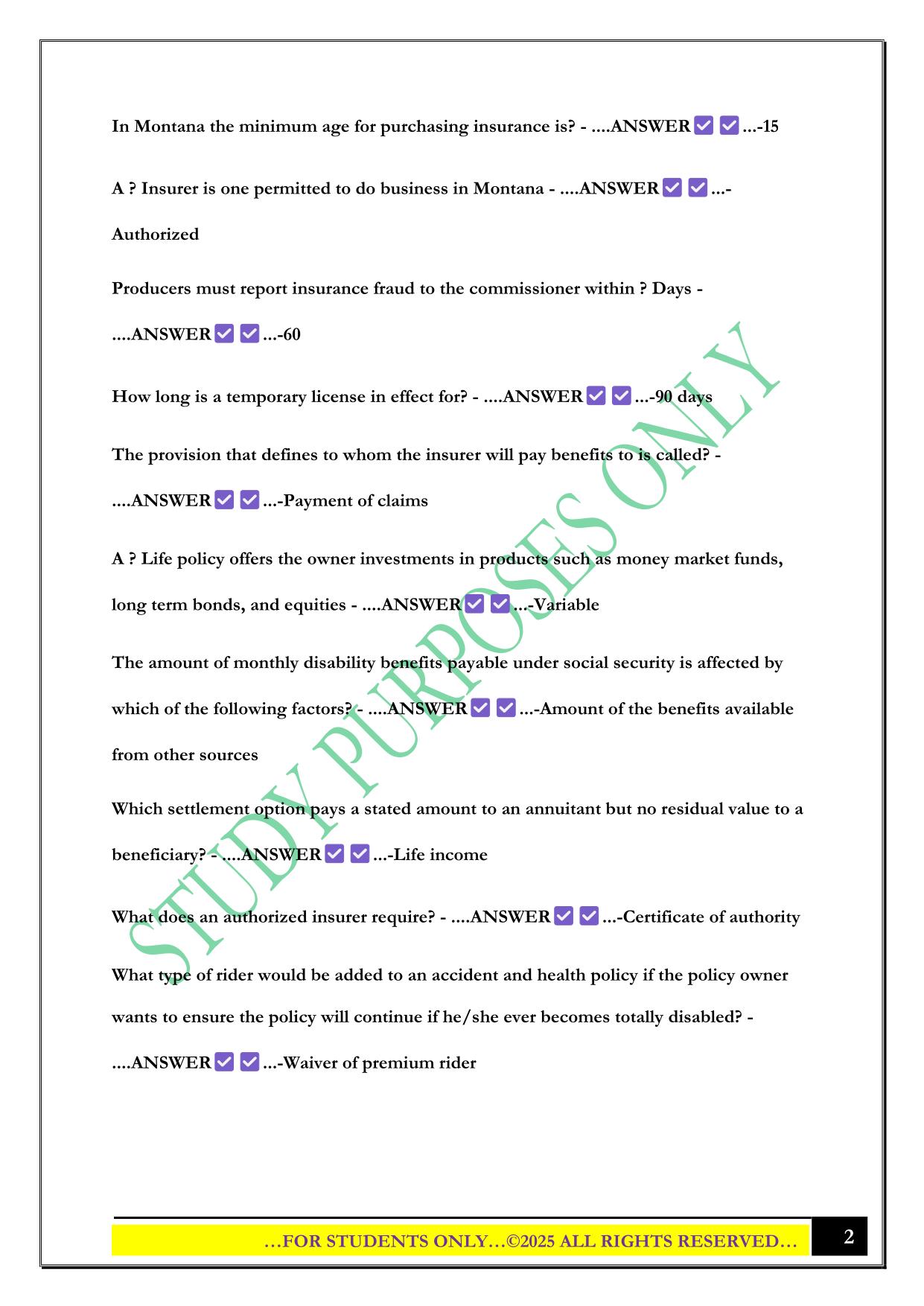 Montana life and health final exam 2025 Questions and Answers