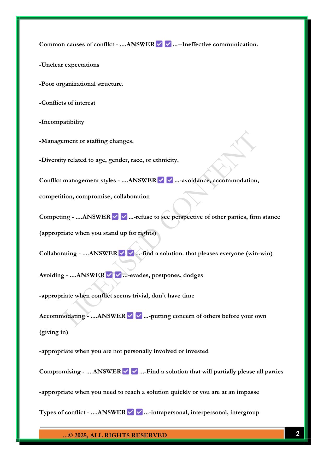 LEADERSHIP EXAM 2-CONFLICT MANAGEMENT 2025 QUESTIONS AND ANSWERS