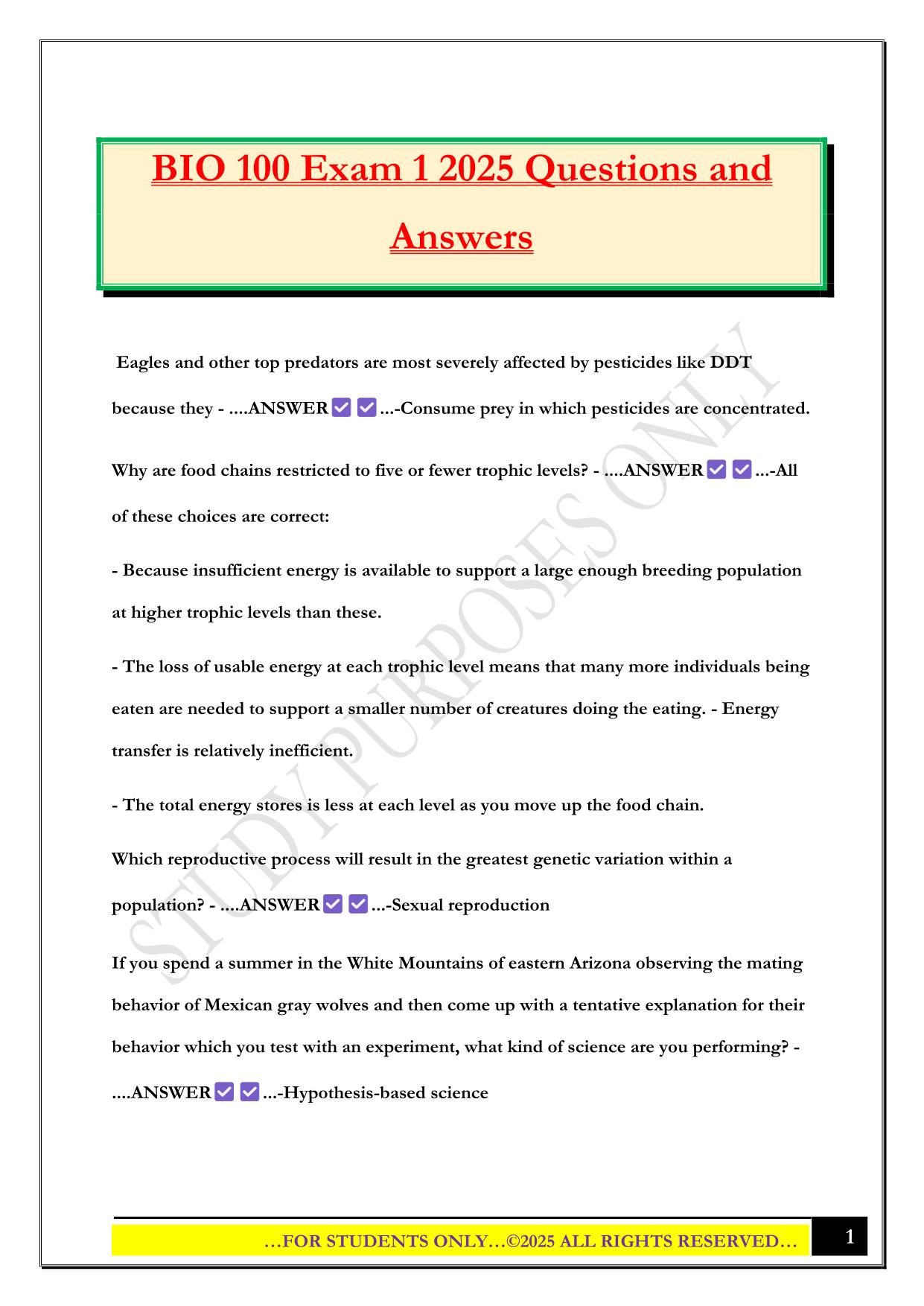 BIO 100 Exam 1 2025 Questions and Answers