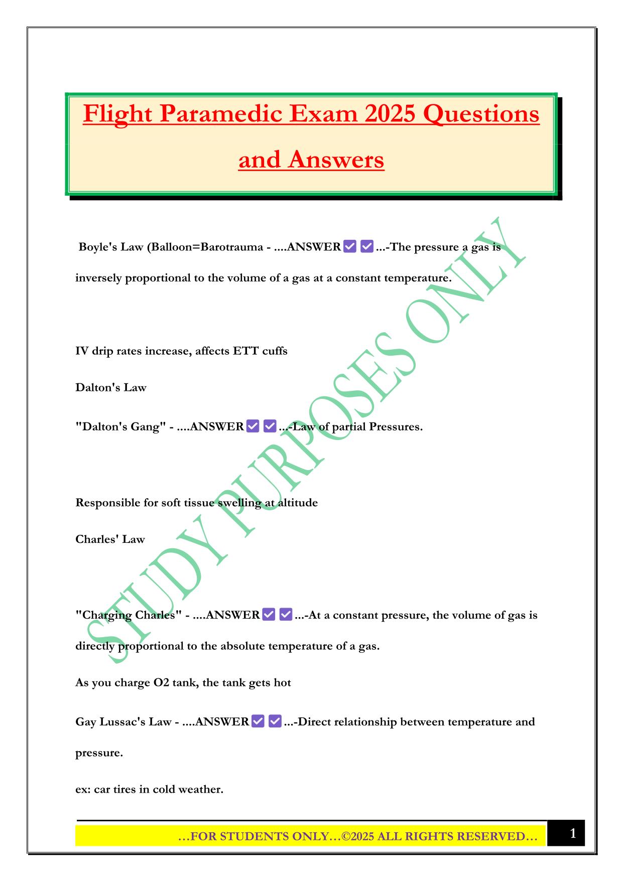 Flight Paramedic Exam 2025 Questions and Answers