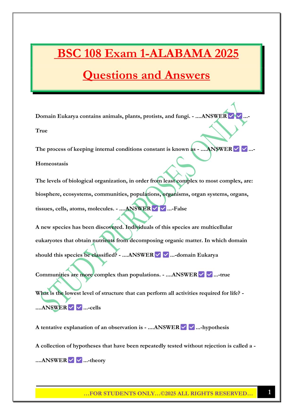 BSC 108 Exam 1-ALABAMA 2025 Questions and Answers