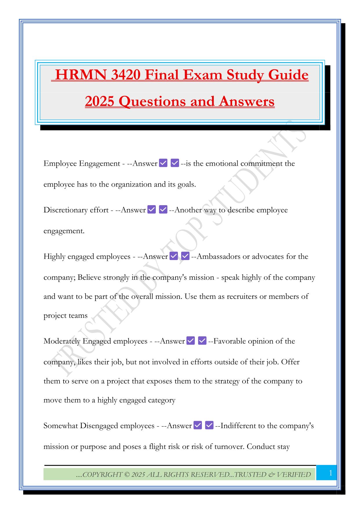 HRMN 3420 Final Exam Study Guide 2025 Questions and Answers