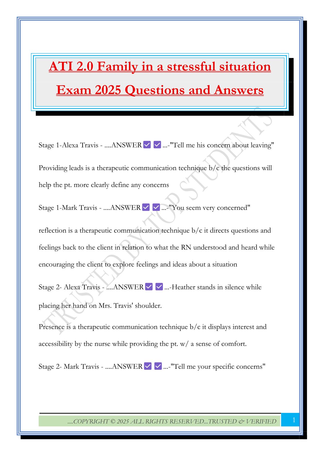 ATI 2.0 Family in a stressful situation Exam 2025 Questions and Answers