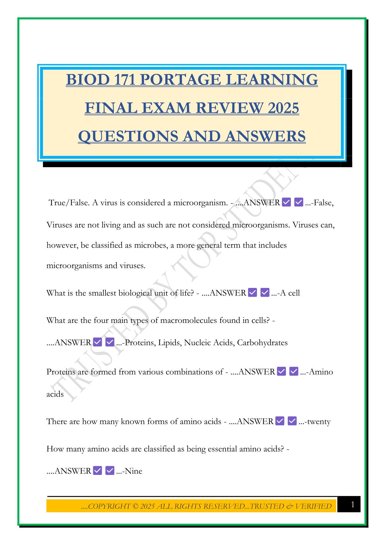 BIOD 171 PORTAGE LEARNING FINAL EXAM REVIEW 2025 QUESTIONS AND ANSWERS