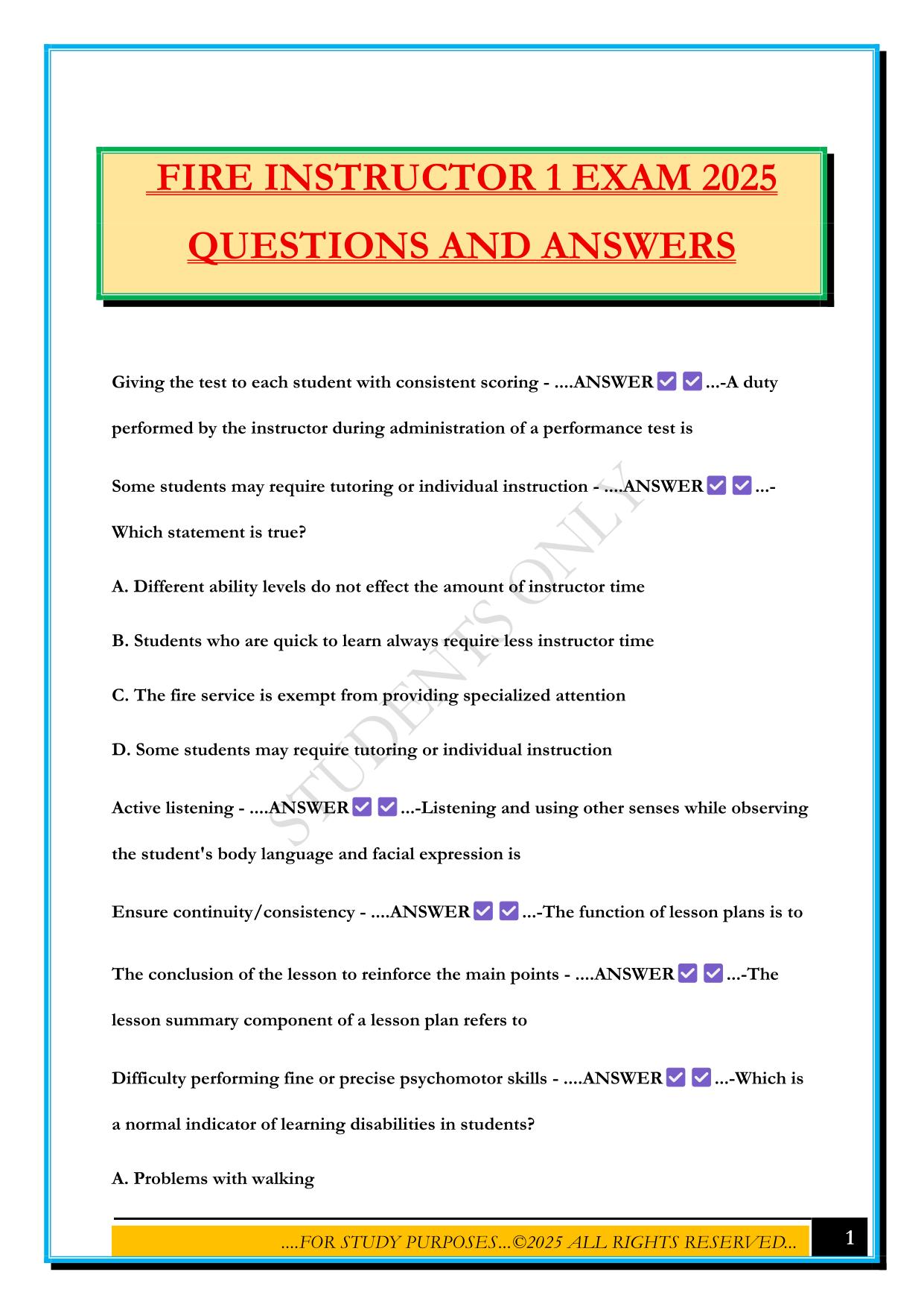 FIRE INSTRUCTOR 1 EXAM 2025 QUESTIONS AND ANSWERS