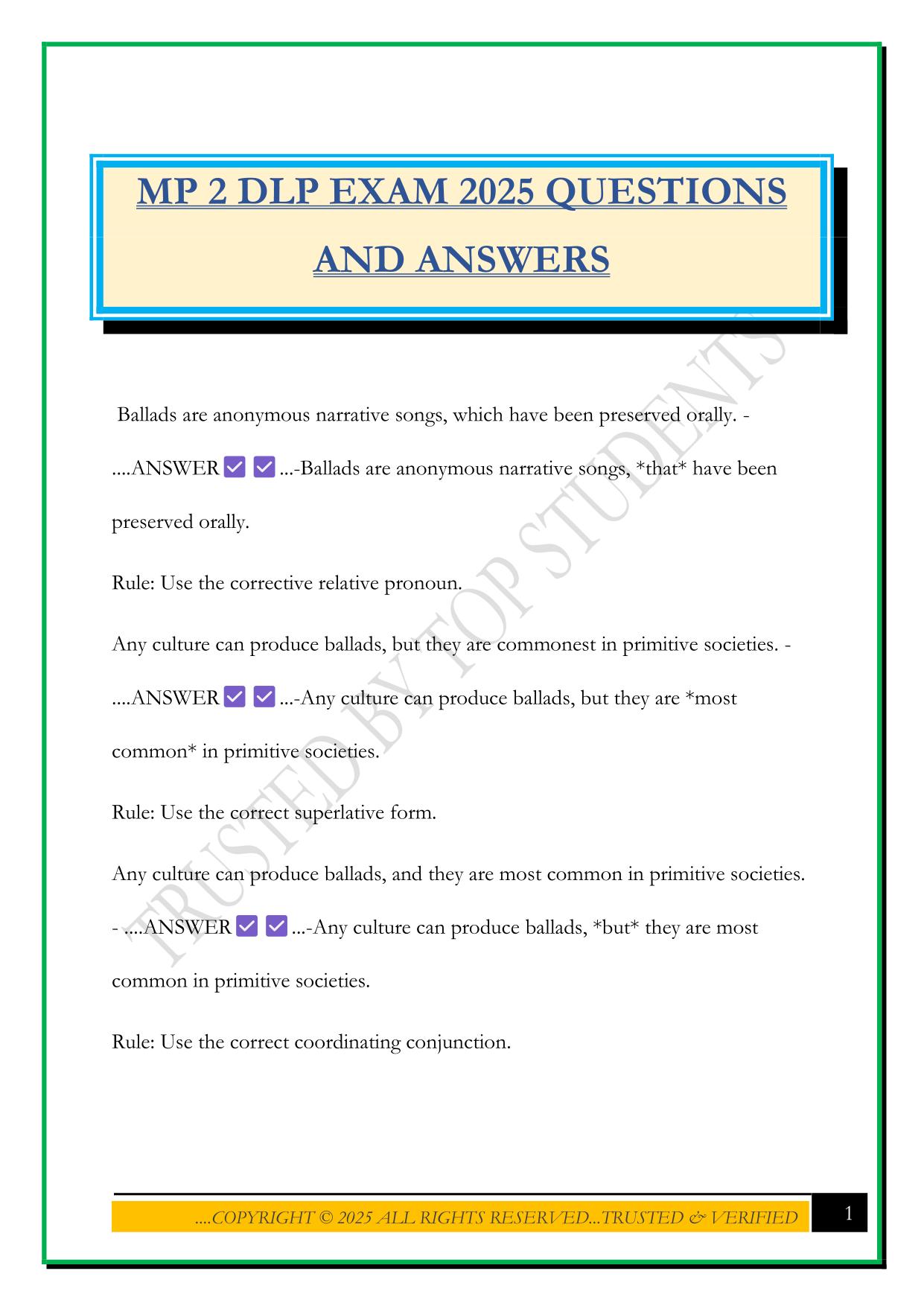MP 2 DLP EXAM 2025 QUESTIONS AND ANSWERS