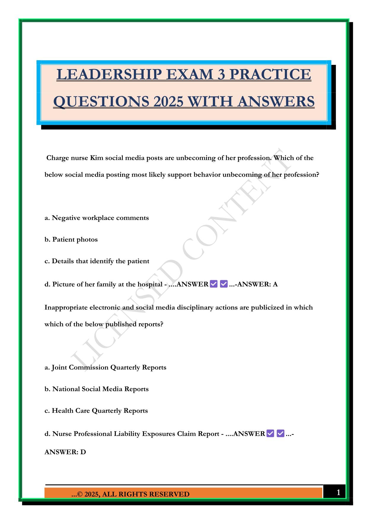 LEADERSHIP EXAM 3 PRACTICE QUESTIONS 2025 WITH ANSWERS