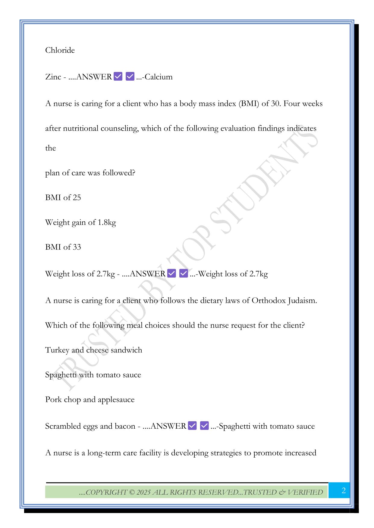 Ati nutrition proctored Exam 2025 Questions and Answers
