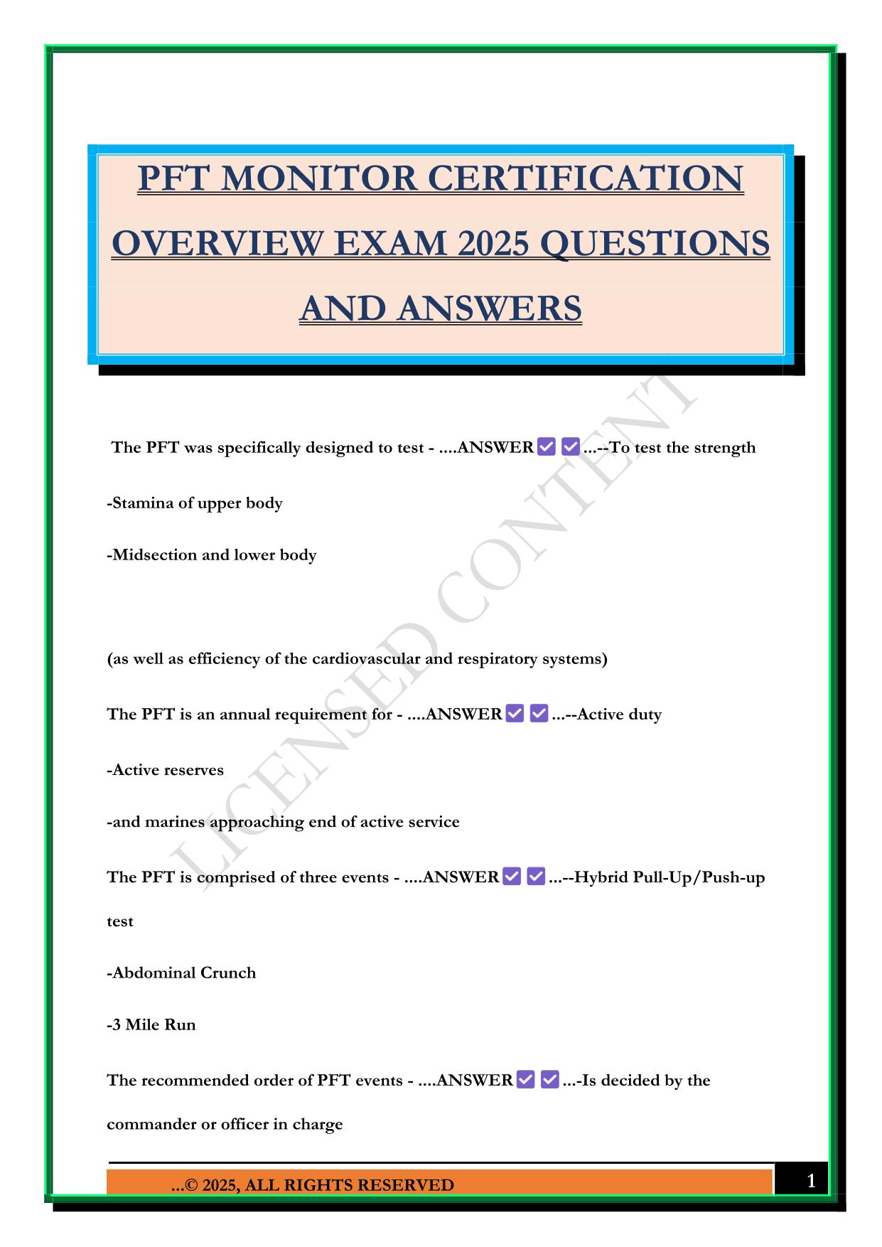 PFT MONITOR CERTIFICATION OVERVIEW EXAM 2025 QUESTIONS AND ANSWERS