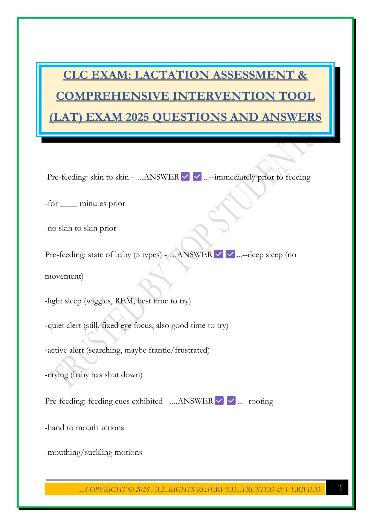 CLC EXAM: LACTATION ASSESSMENT & COMPREHENSIVE INTERVENTION TOOL (LAT) EXAM 2025 QUESTIONS AND ANSWERS