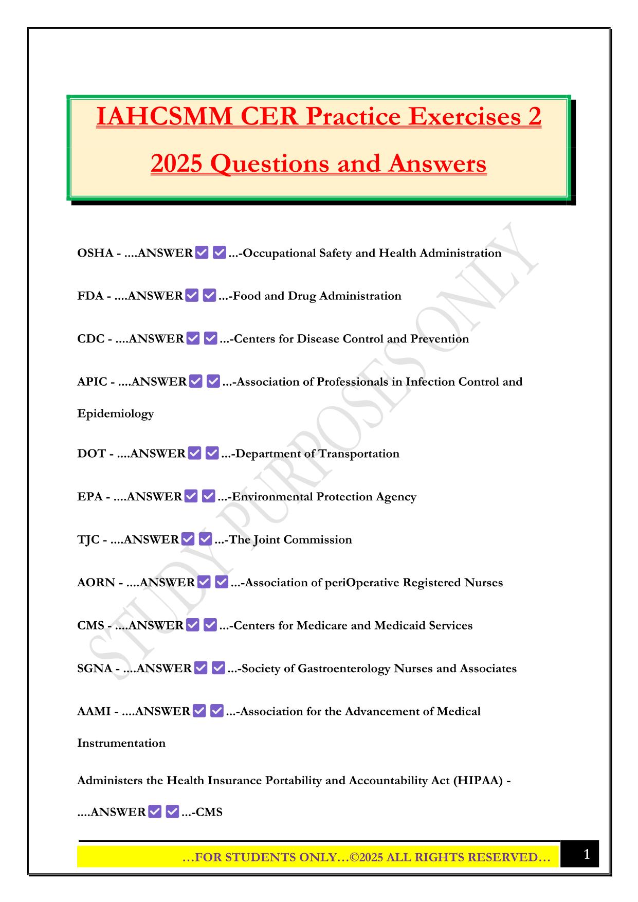 IAHCSMM CER Practice Exercises 2 2025 Questions and Answers
