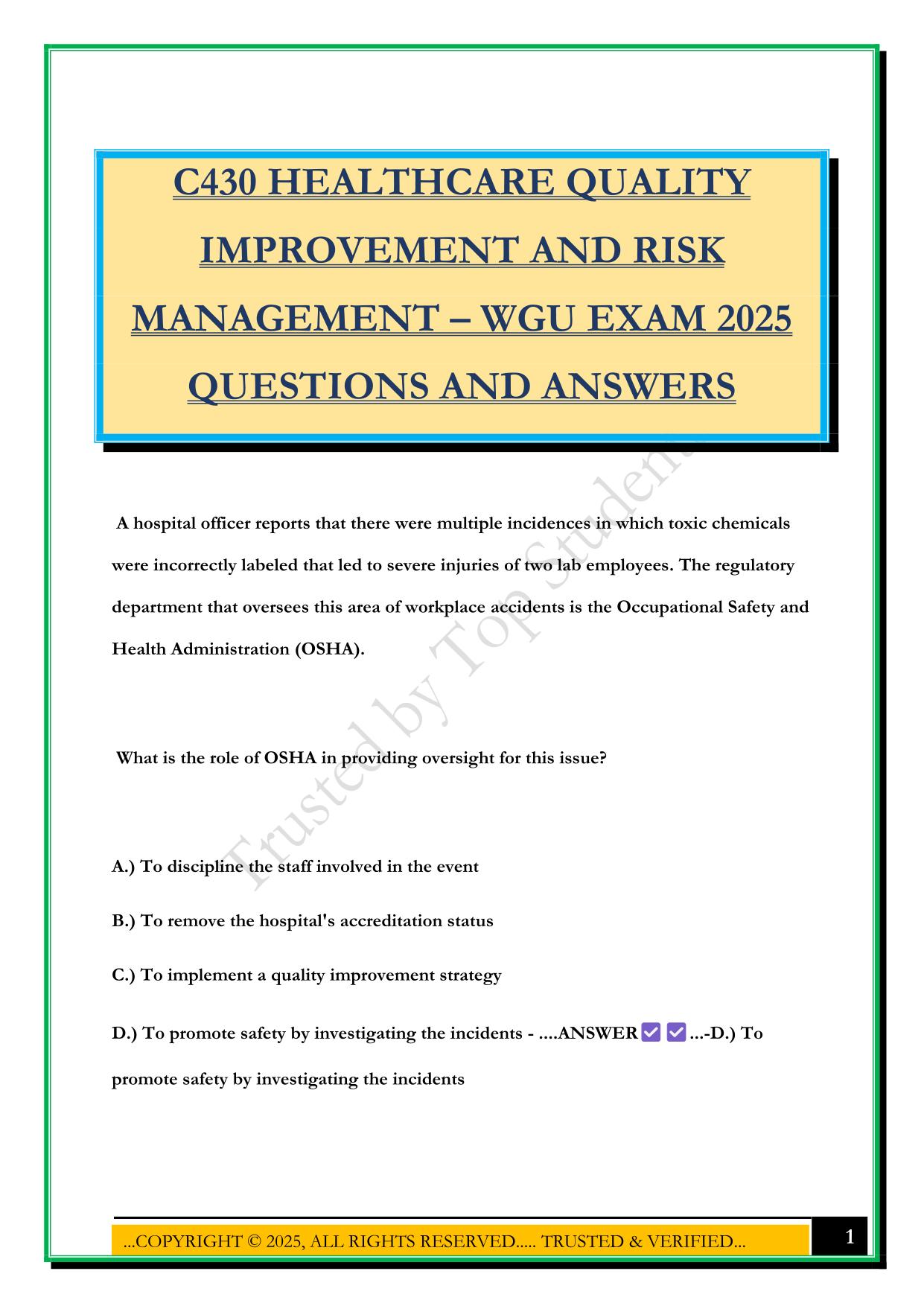 C430 HEALTHCARE QUALITY IMPROVEMENT AND RISK MANAGEMENT – WGU EXAM 2025 QUESTIONS AND ANSWERS