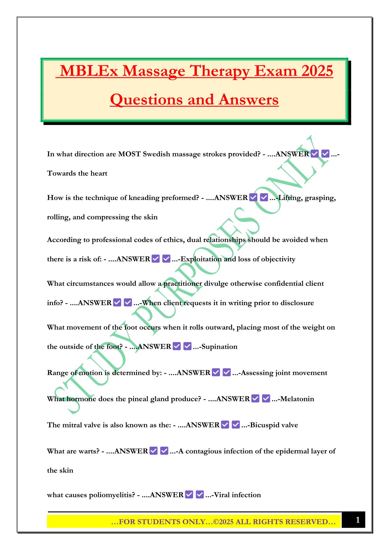 MBLEx Massage Therapy Exam 2025 Questions and Answers