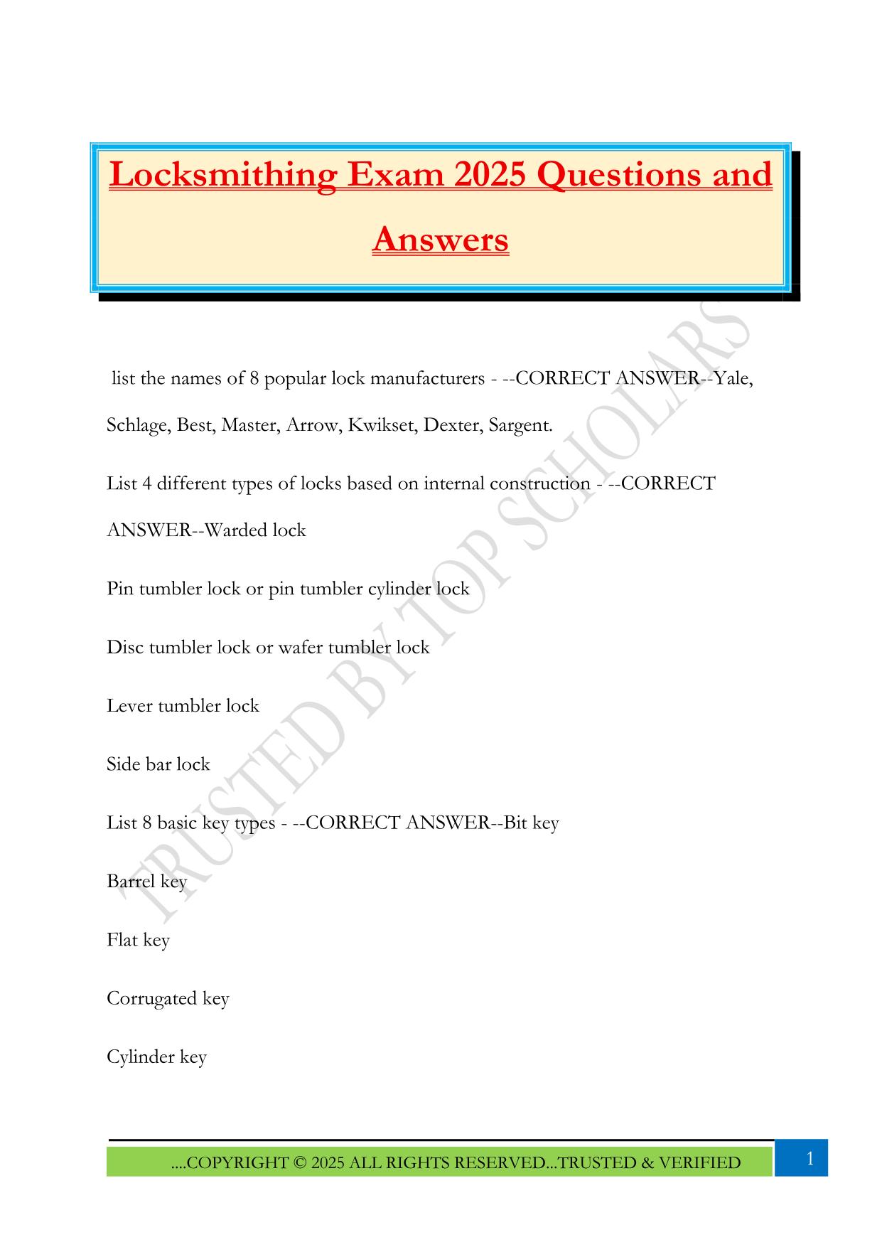 Locksmithing Exam 2025 Questions and Answers