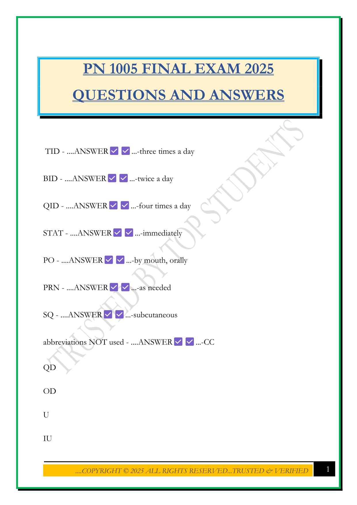 PN1005 FINAL EXAM 2025 QUESTIONS AND ANSWERS