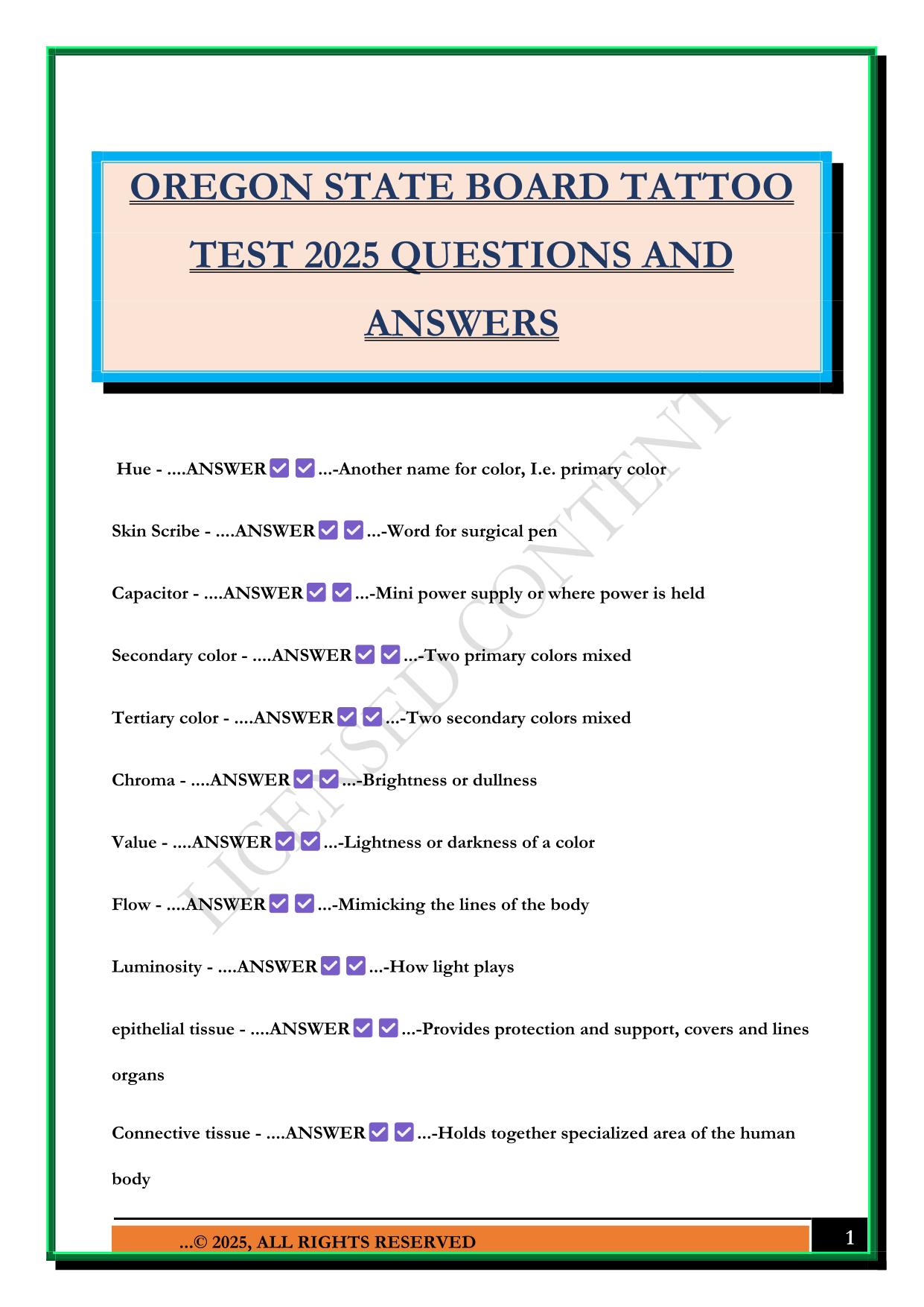 OREGON STATE BOARD TATTOO TEST 2025 QUESTIONS AND ANSWERS