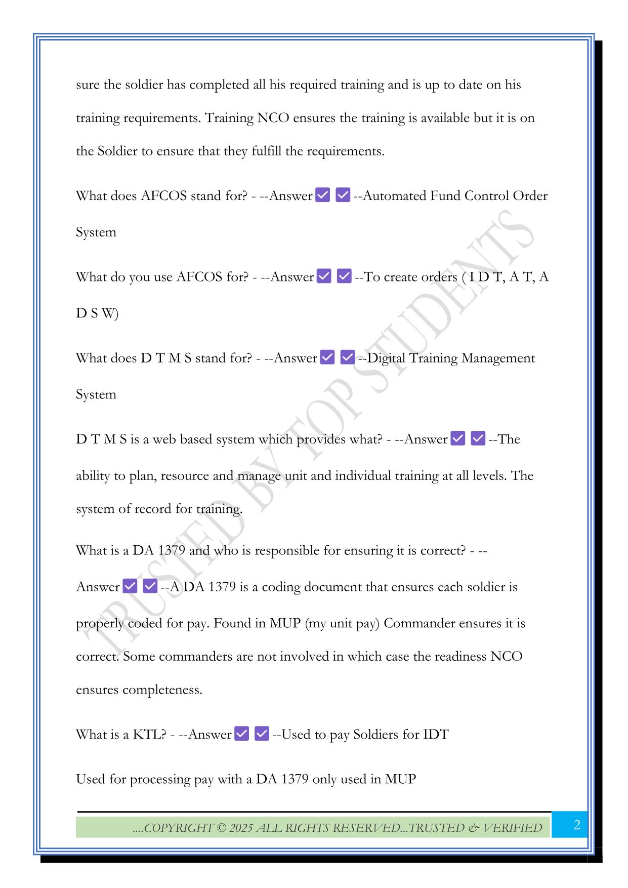 Administration/Training NCO Study Guide 2025 Questions and Answers