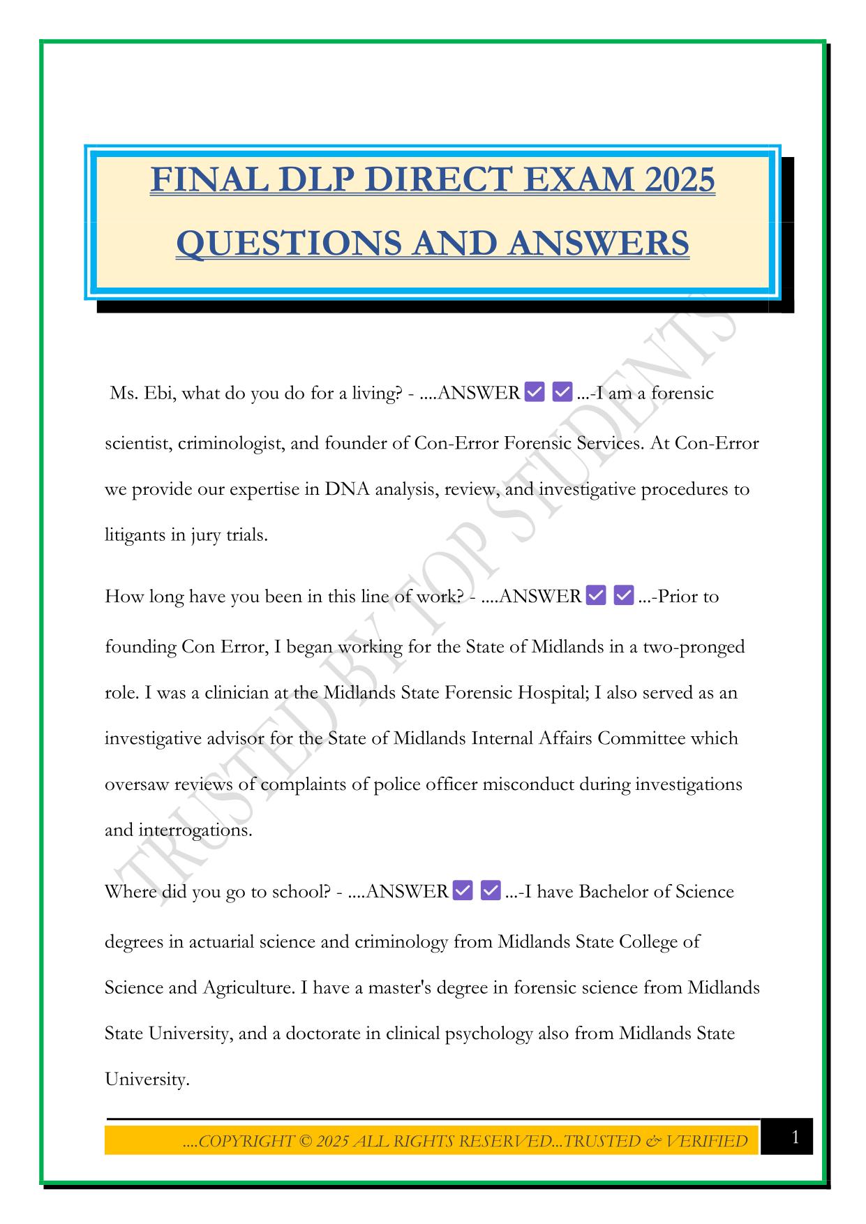 FINAL DLP DIRECT EXAM 2025 QUESTIONS AND ANSWERS