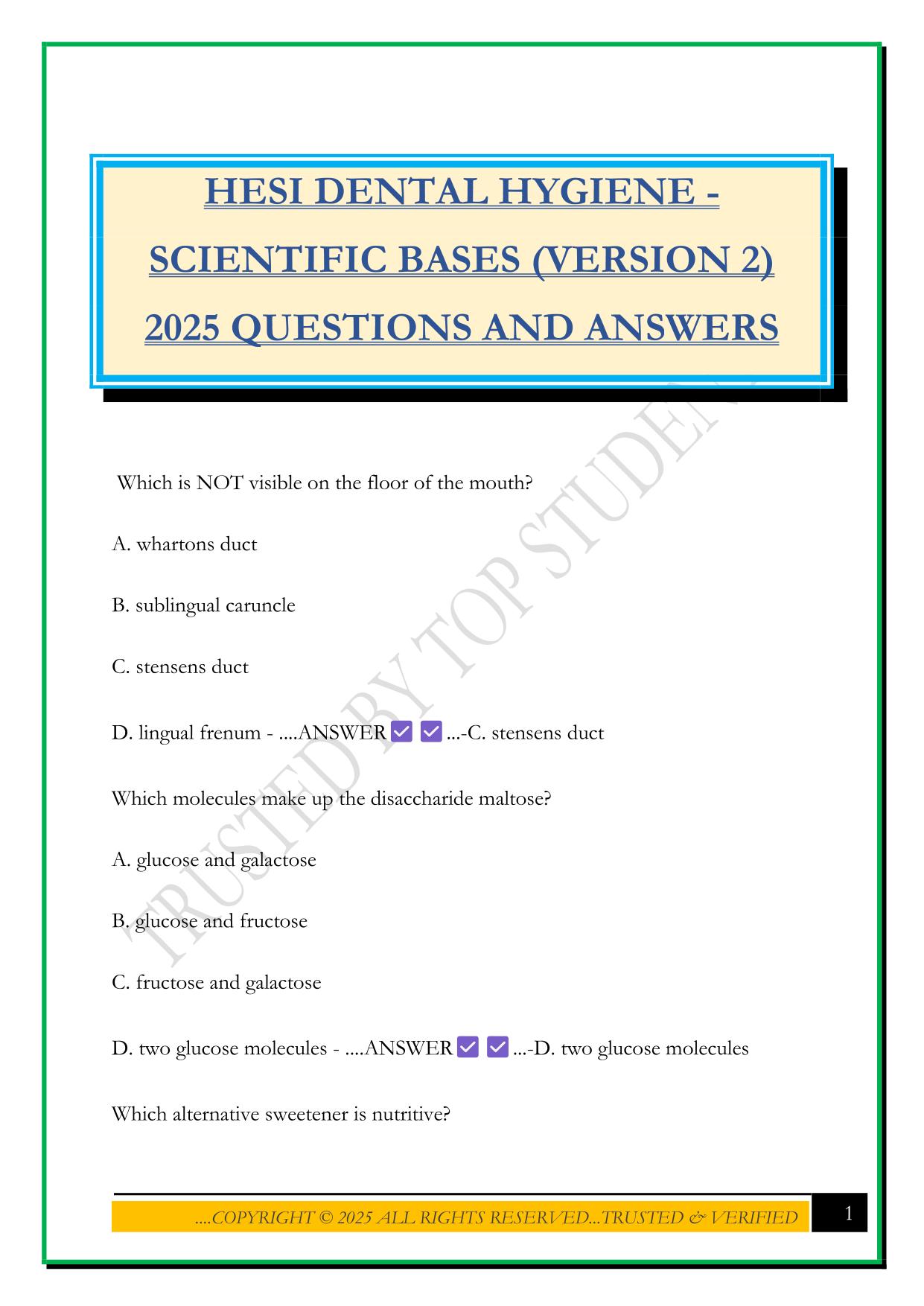 HESI DENTAL HYGIENE - SCIENTIFIC BASES (VERSION 2) 2025 QUESTIONS AND ANSWERS