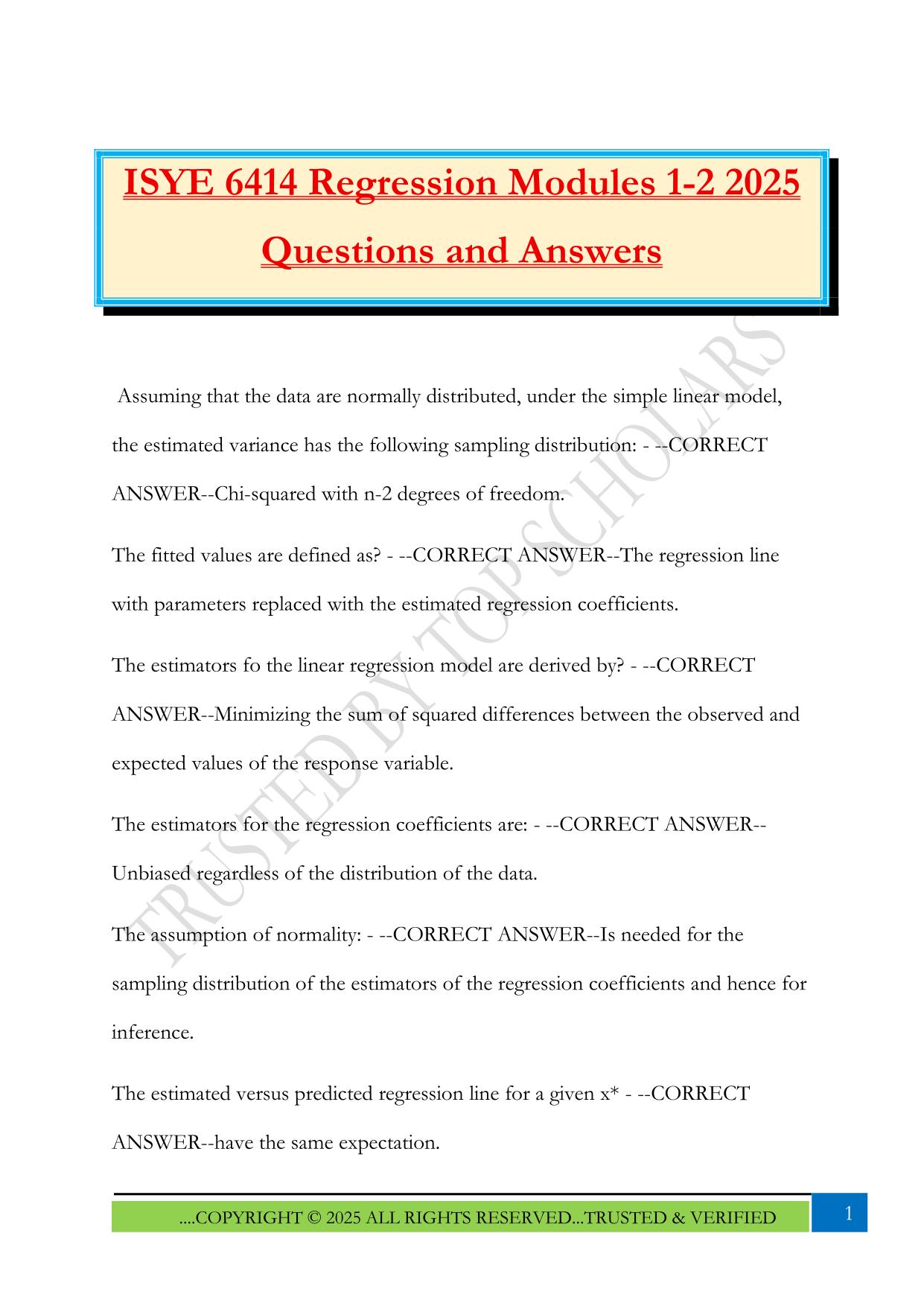 ISYE 6414 Regression Modules 1-2 2025 Questions and Answers