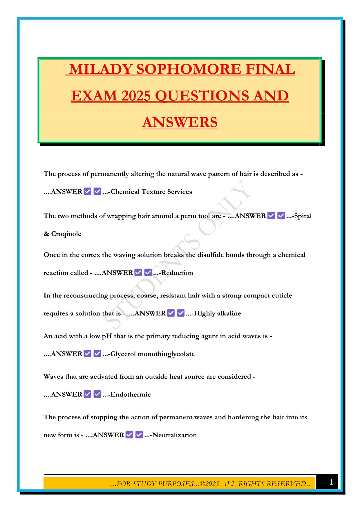 MILADY SOPHOMORE FINAL EXAM 2025 QUESTIONS AND ANSWERS