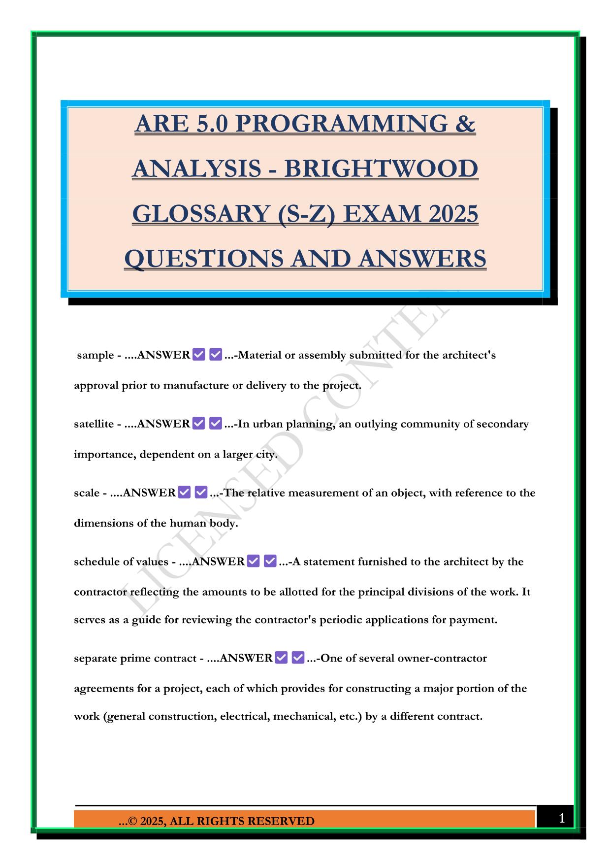 ARE 5.0 PROGRAMMING & ANALYSIS - BRIGHTWOOD GLOSSARY (S-Z) EXAM 2025 QUESTIONS AND ANSWERS