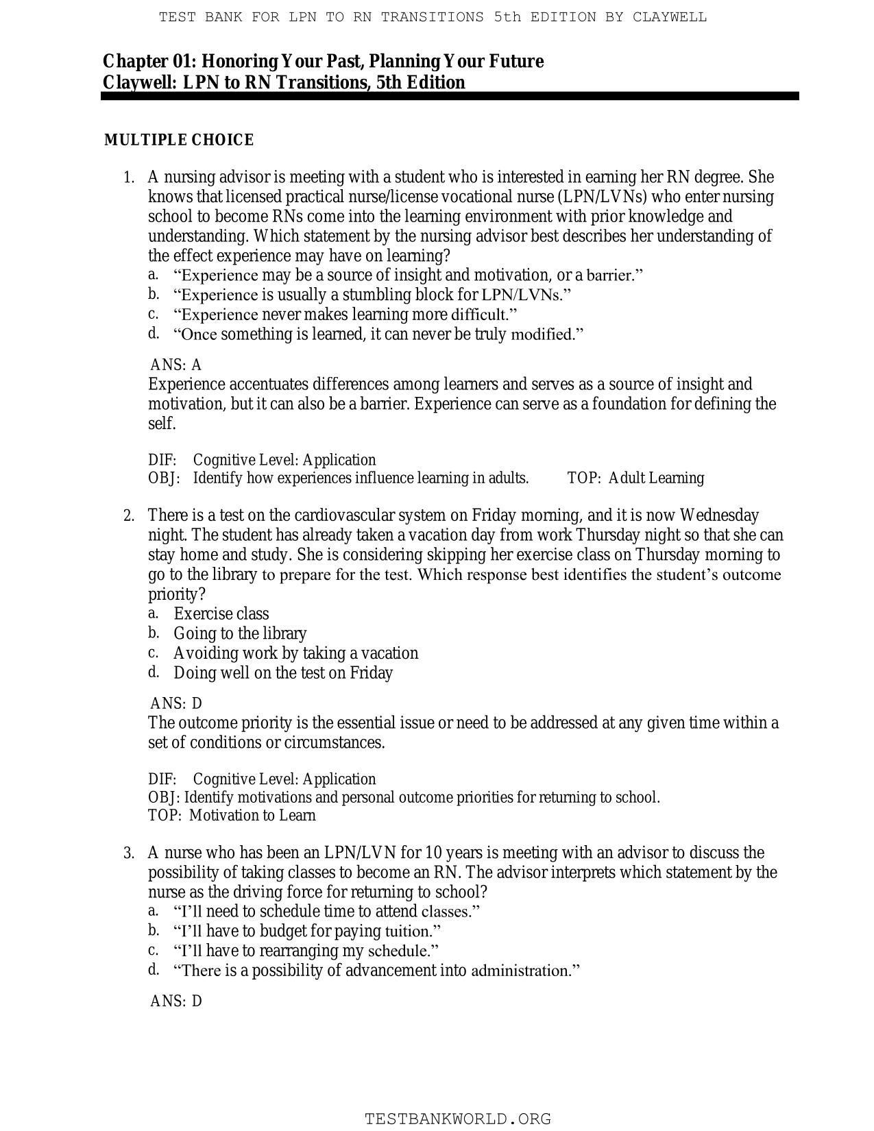 TEST BANK FOR LPNTO RN TRANSITIONS 5th EDITION CLAYWELL EXAM 2025/2026 MCQ WITH CORRECT ANSWERS!!!