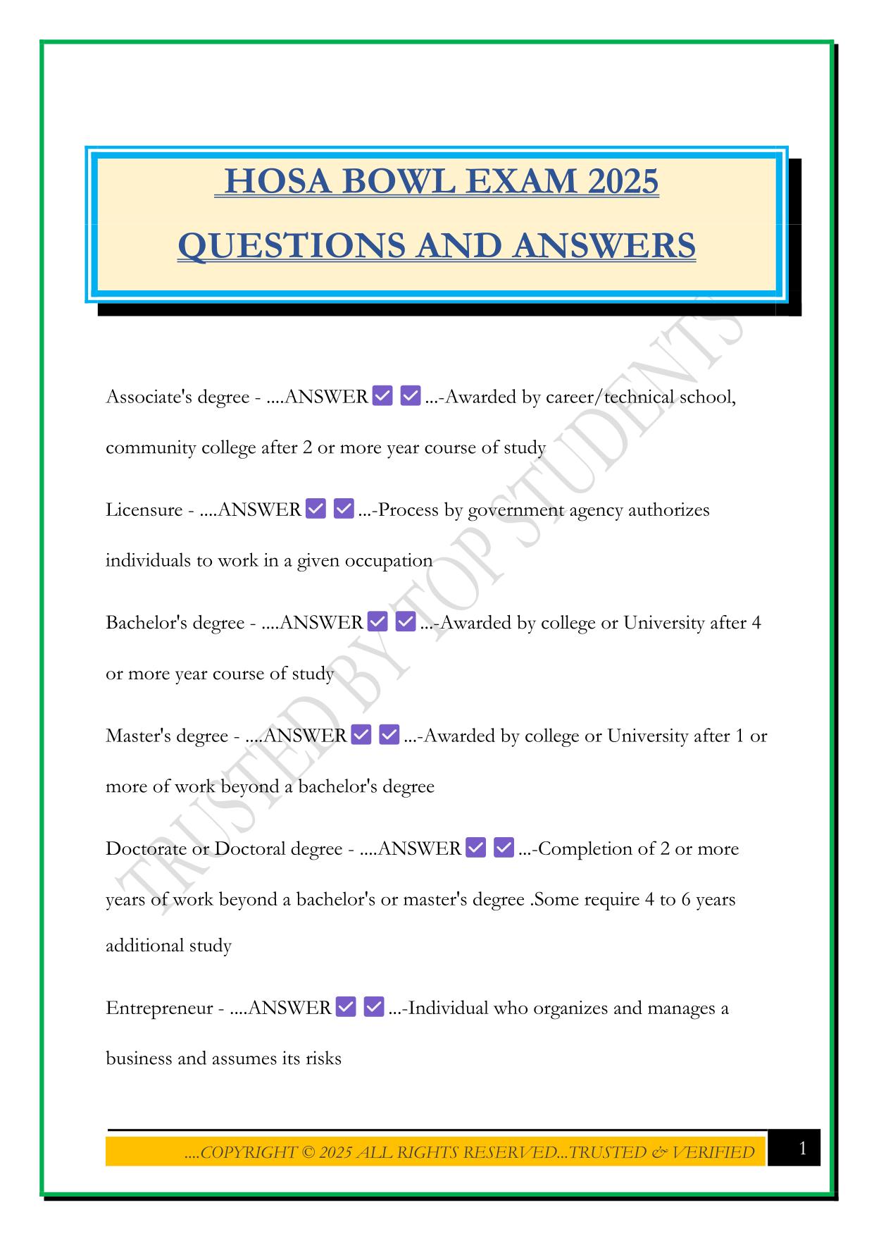 HOSA BOWL EXAM 2025 QUESTIONS AND ANSWERS