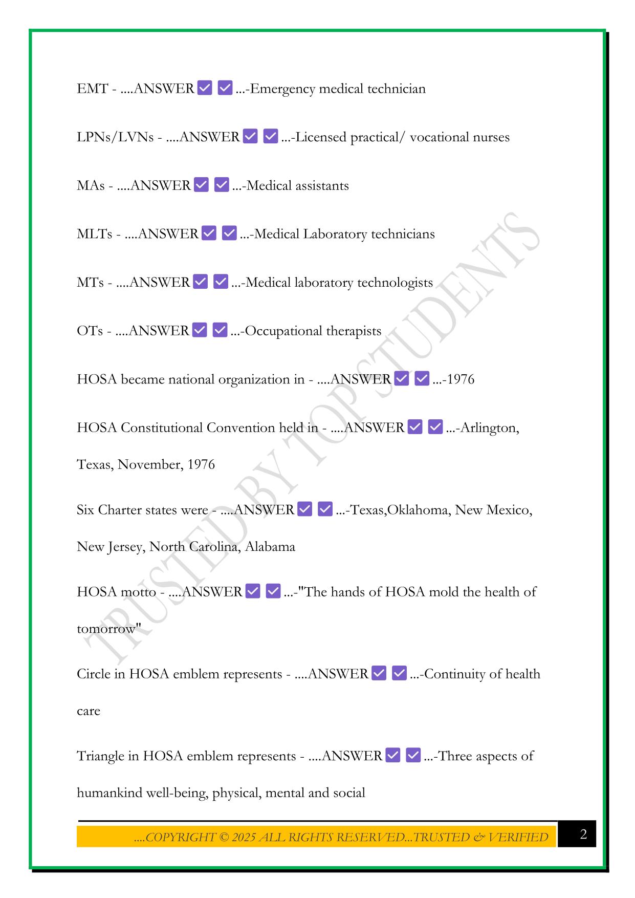 HOSA BOWL EXAM 2025 QUESTIONS AND ANSWERS