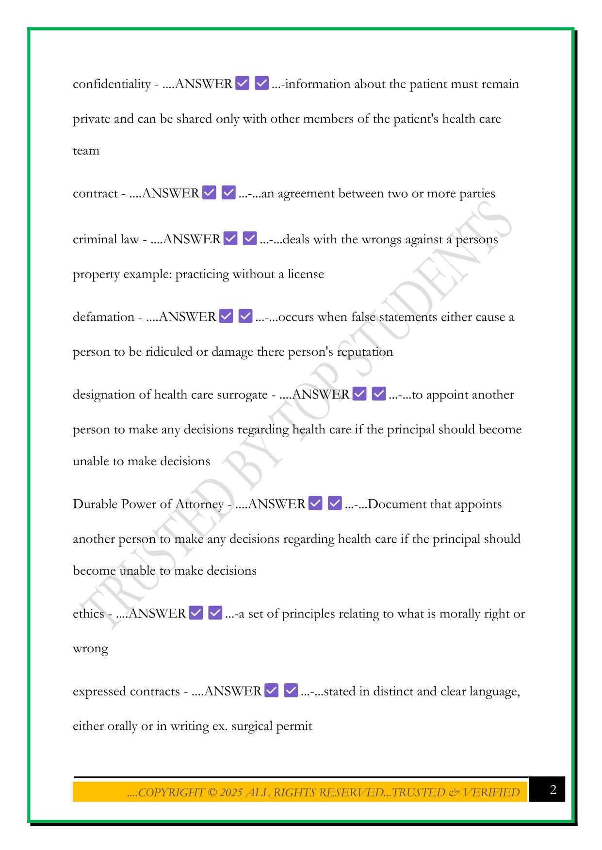 HOSA MEDICAL LAW AND ETHICS EXAM 2025 QUESTIONS AND ANSWERS