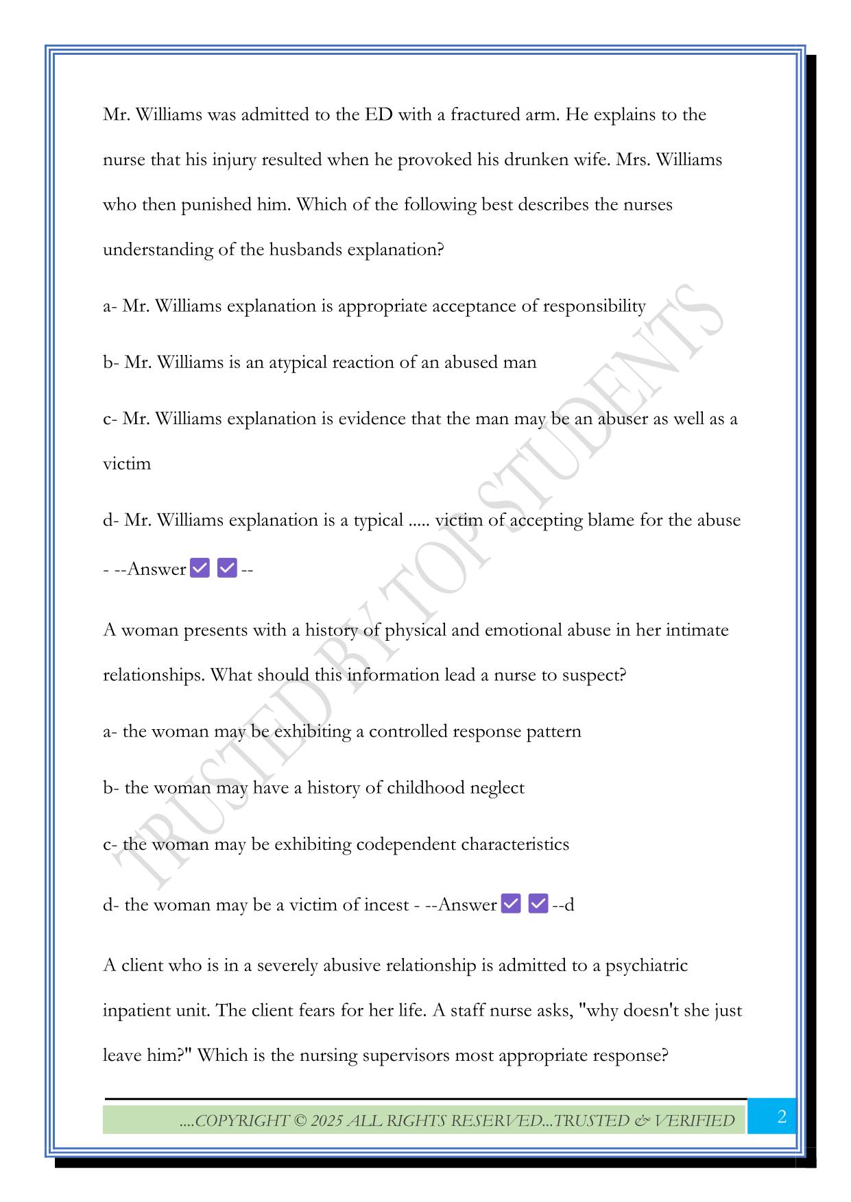 Intimate Partner Violence NCLEX questions 2025 with Correct AnswersIntimate Partner Violence NCLEX questions 2025 with Correct Answers