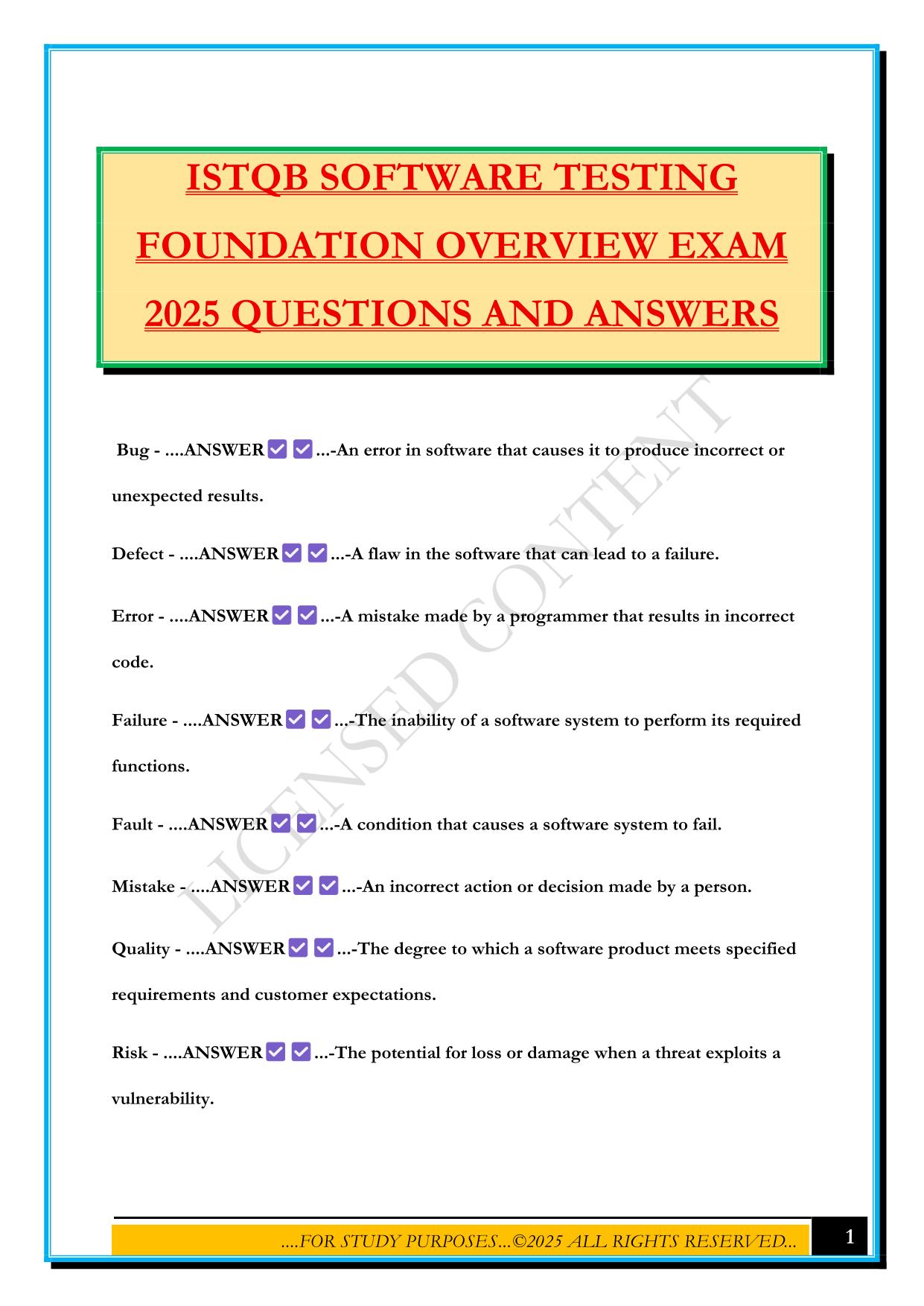 ISTQB SOFTWARE TESTING FOUNDATION OVERVIEW EXAM 2025 QUESTIONS AND ANSWERS