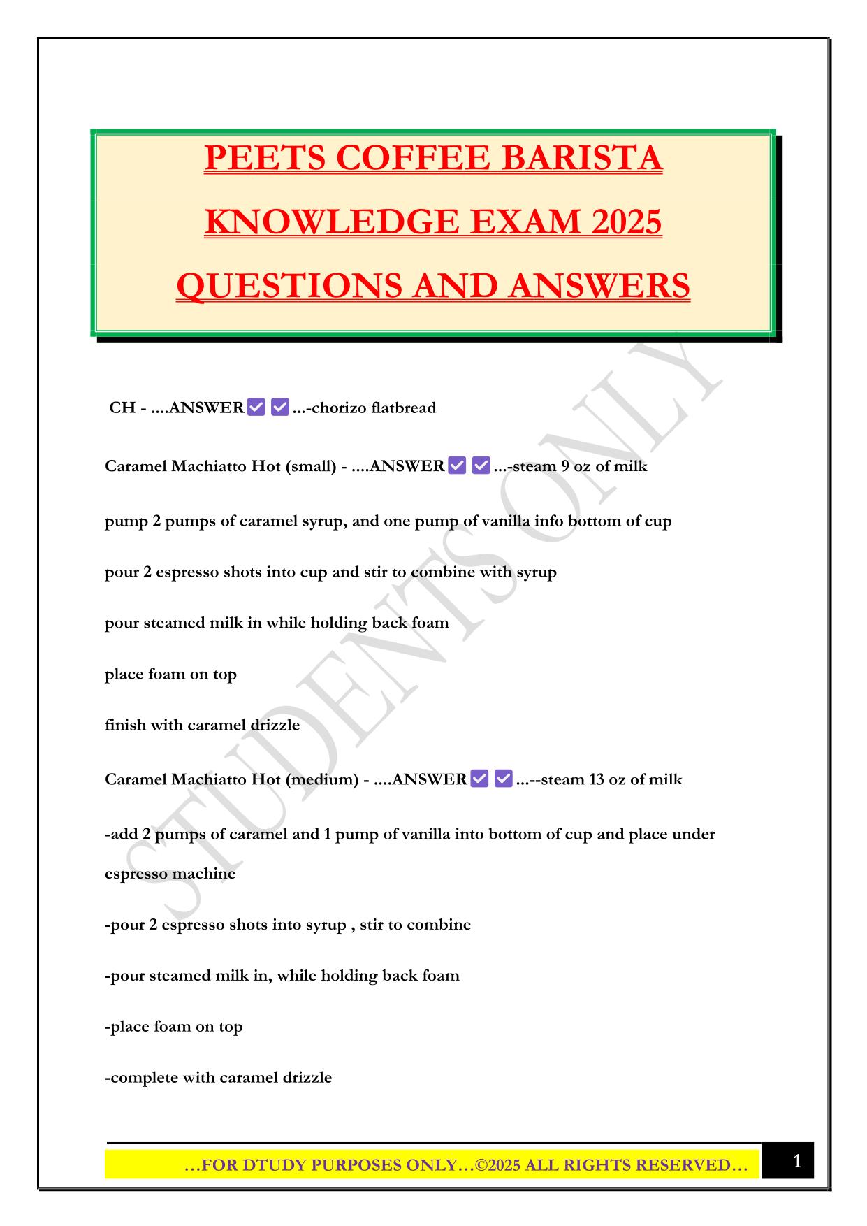PEETS COFFEE BARISTA KNOWLEDGE EXAM 2025 QUESTIONS AND ANSWERS