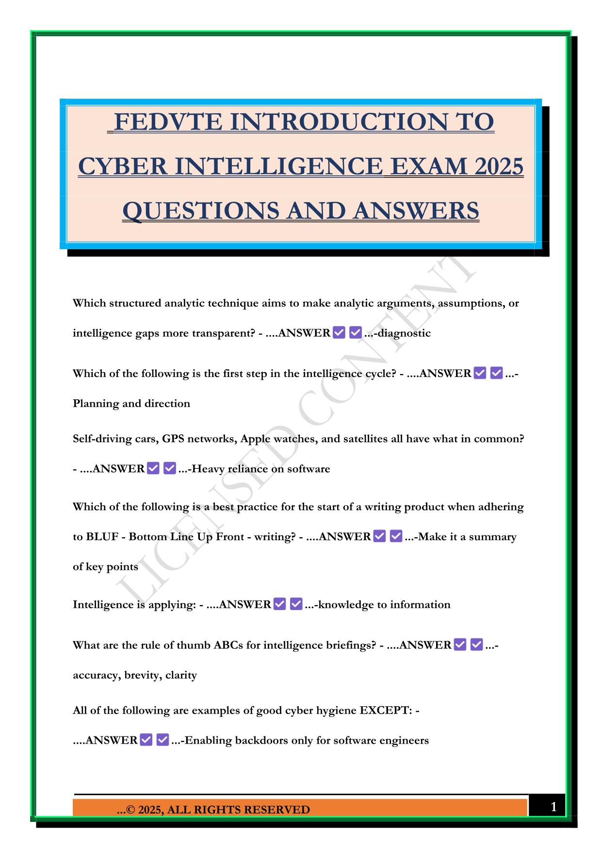 FEDVTE INTRODUCTION TO CYBER INTELLIGENCE EXAM 2025 QUESTIONS AND ANSWERS