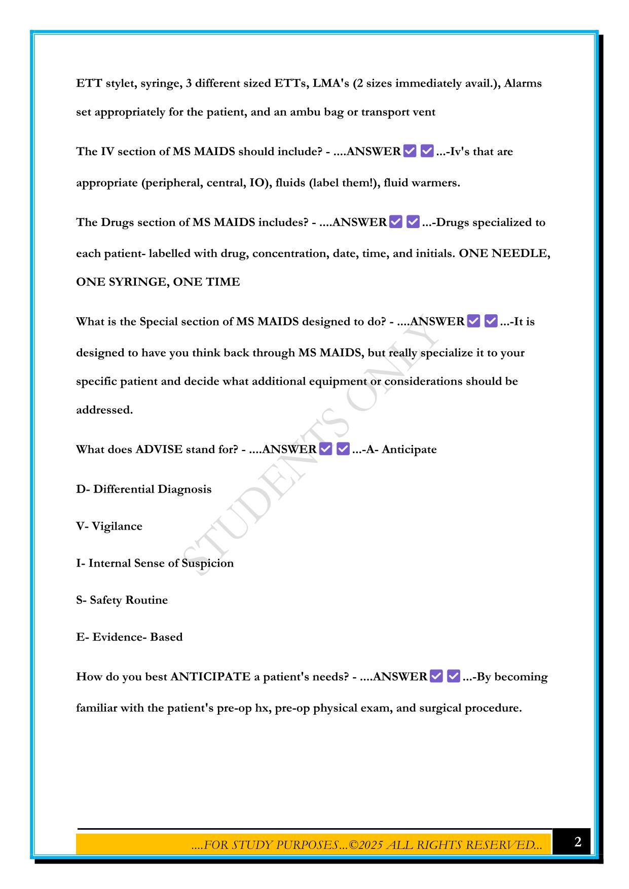 PRINCIPLES OF ANESTHESIA- TEST 1 2025 QUESTIONS AND ANSWERS