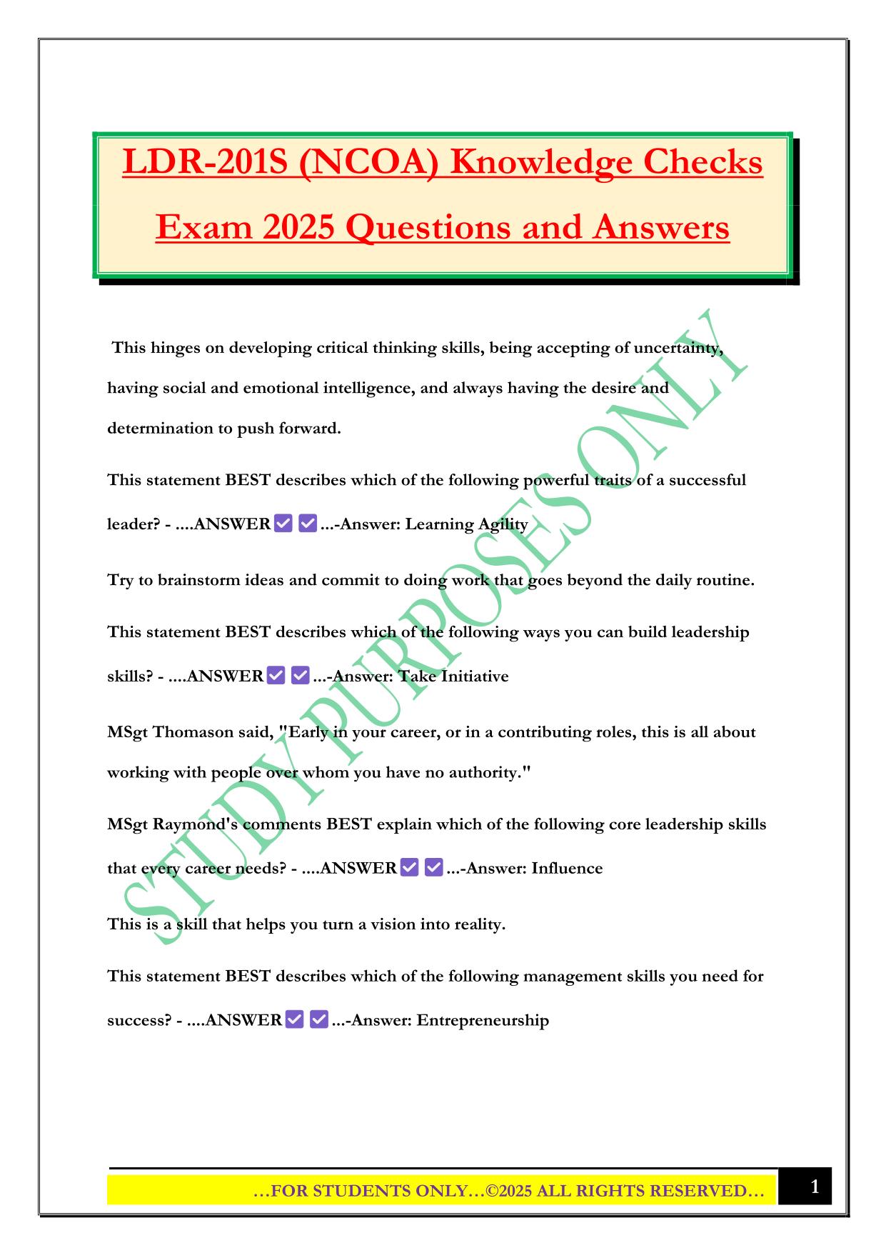 LDR-201S (NCOA) Knowledge Checks Exam 2025 Questions and Answers