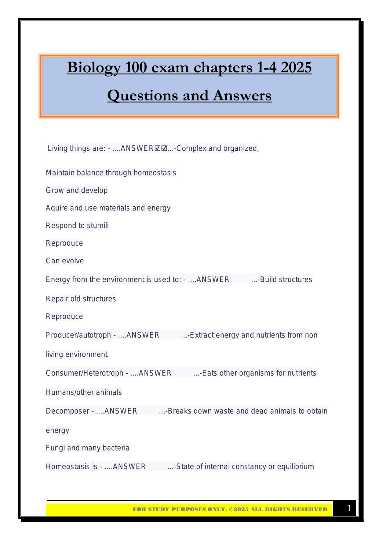 Biology 100 exam chapters 1-4 2025 Questions and Answers