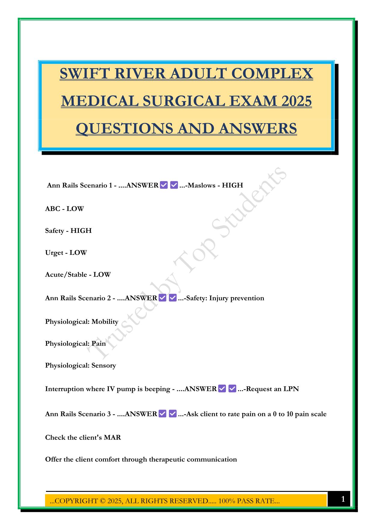 1...COPYRIGHT ©️ 2025, ALL RIGHTS RESERVED..... 100% PASS RATE... SWIFT RIVER ADULT COMPLEX MEDICAL SURGICAL EXAM 2025 QUESTIONS AND ANSWERS