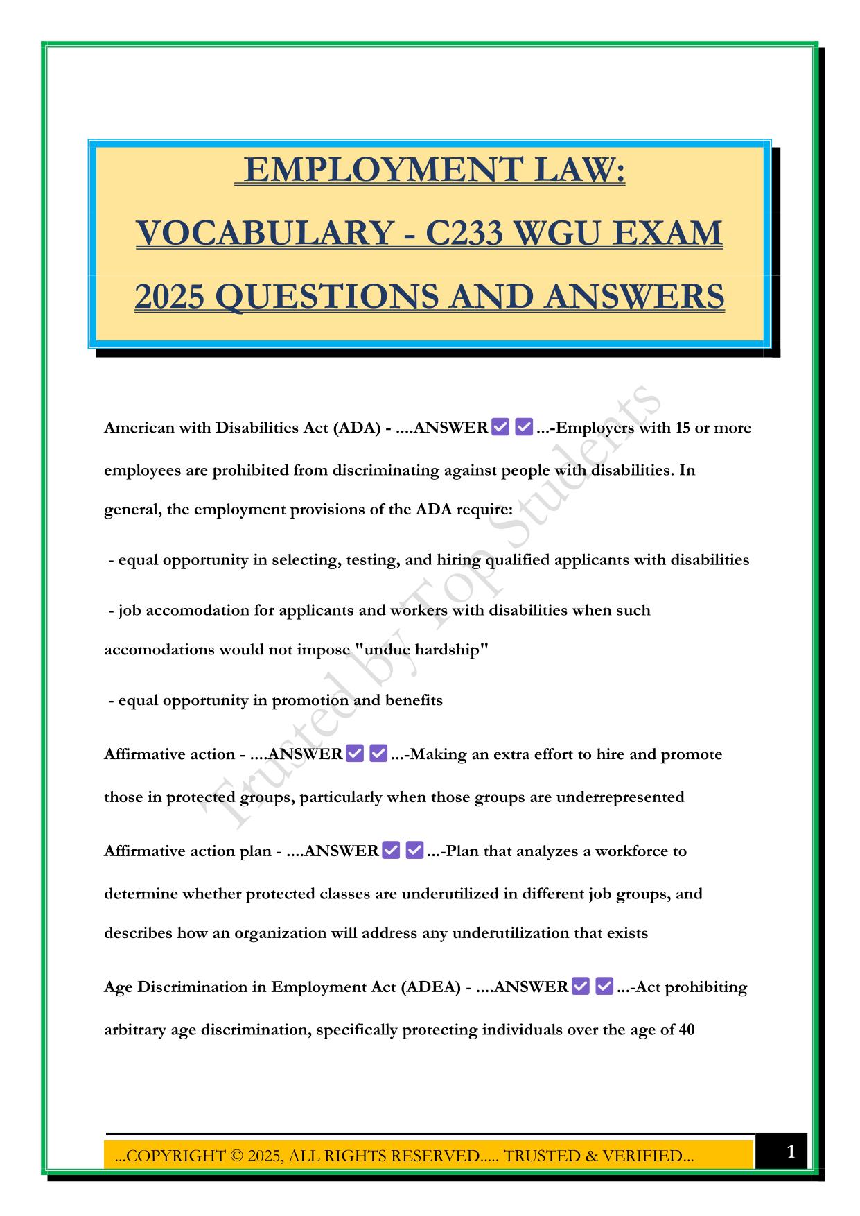 EMPLOYMENT LAW: VOCABULARY - C233 WGU EXAM 2025 QUESTIONS AND ANSWERS