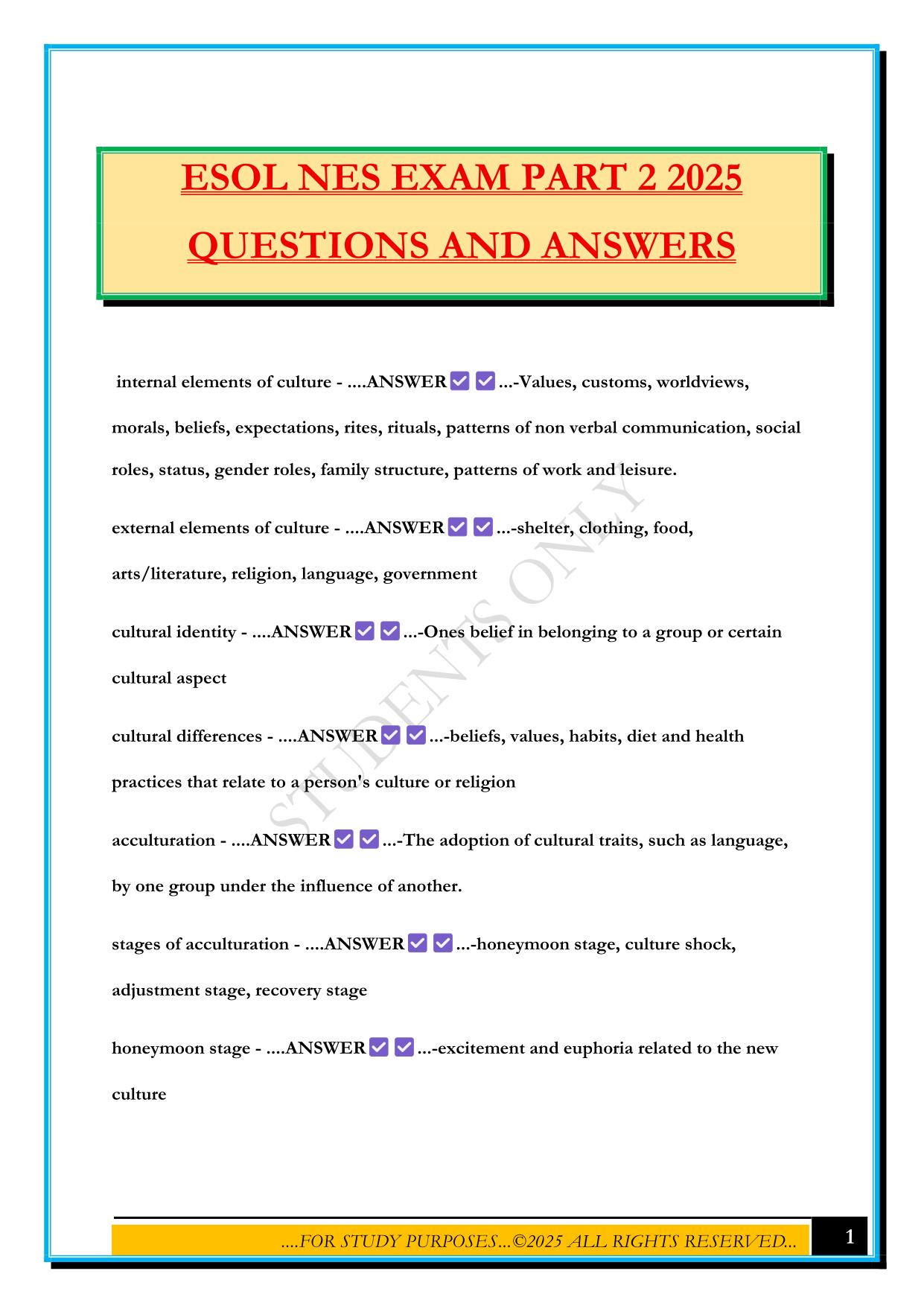 ESOL NES EXAM PART 2 2025 QUESTIONS AND ANSWERS