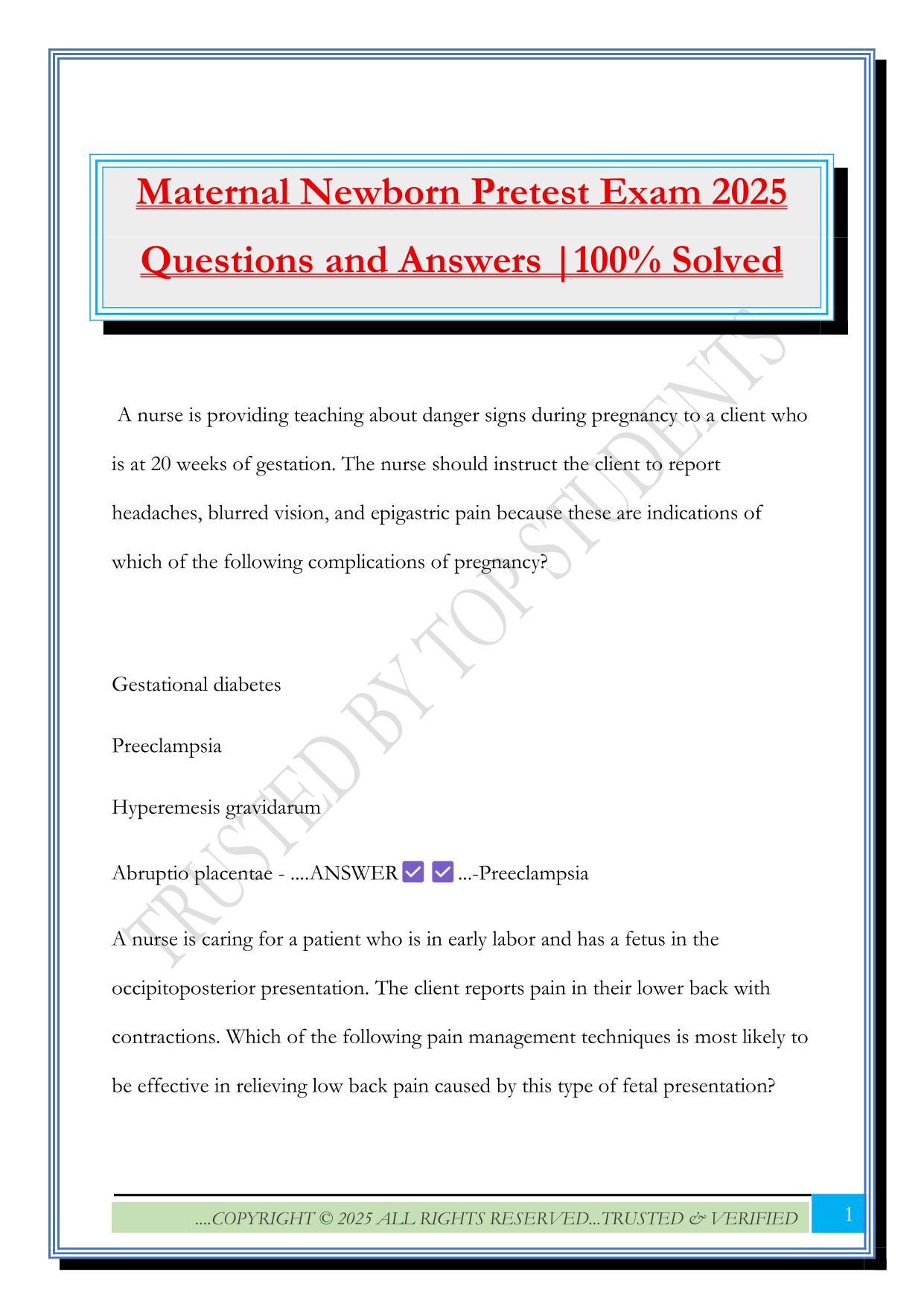 Maternal Newborn Pretest Exam 2025 Questions and Answers |100% Solved