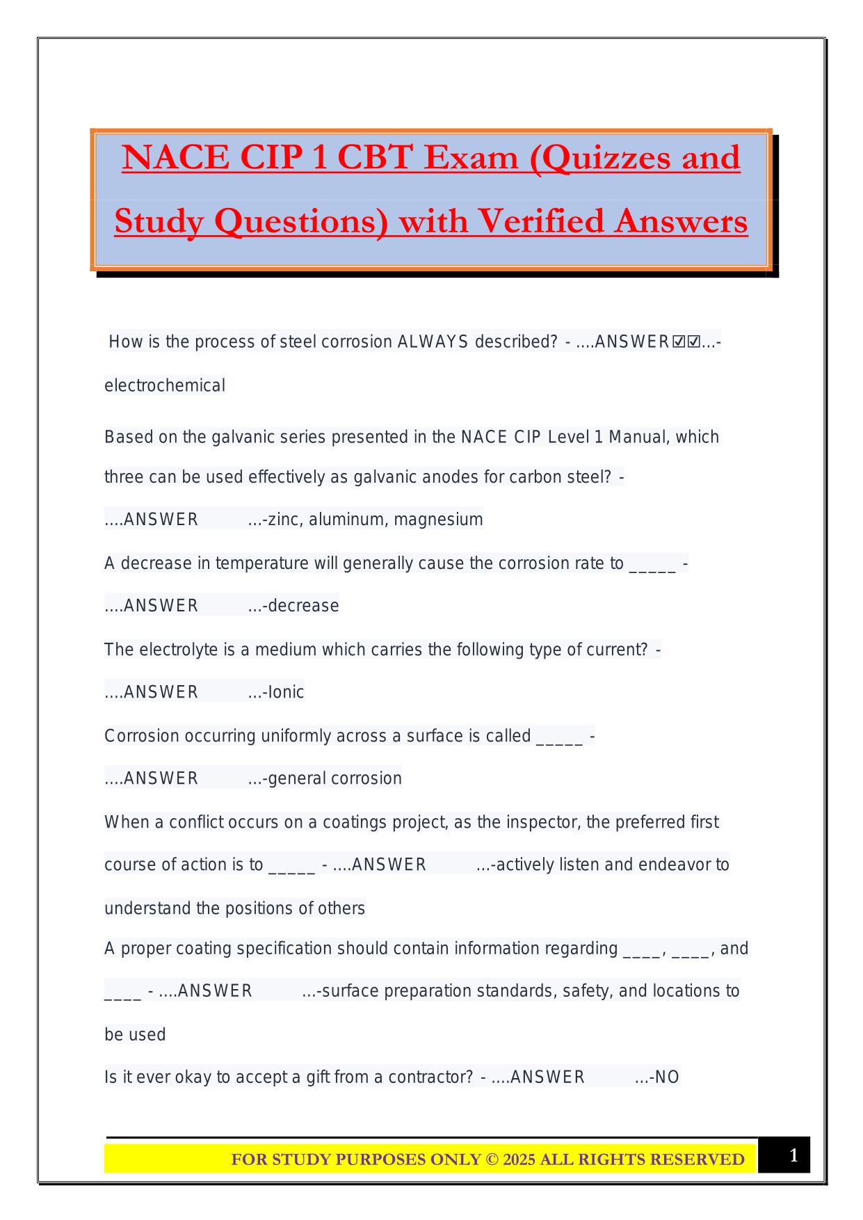 NACE CIP 1 CBT Exam (Quizzes and Study Questions) with Verified Answers