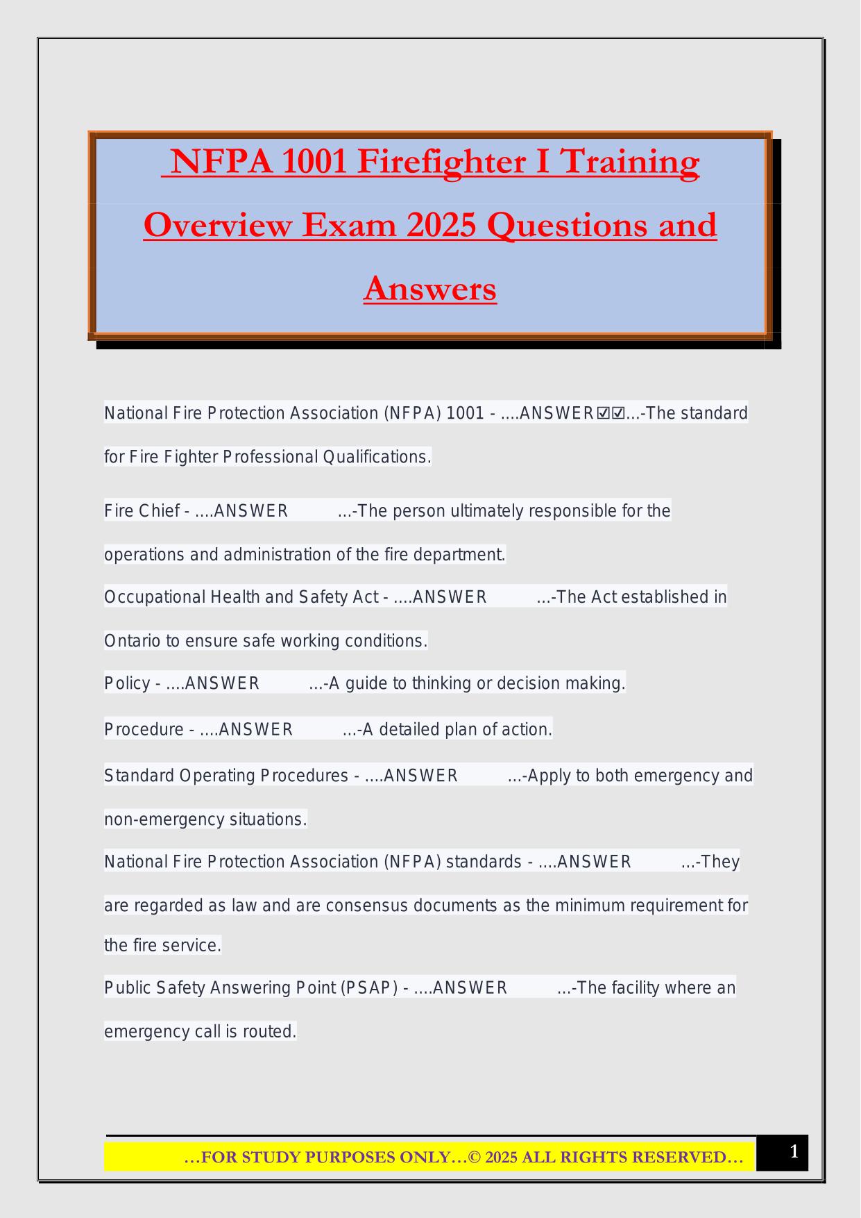 NFPA 1001 Firefighter I Training Overview Exam 2025 Questions and Answers