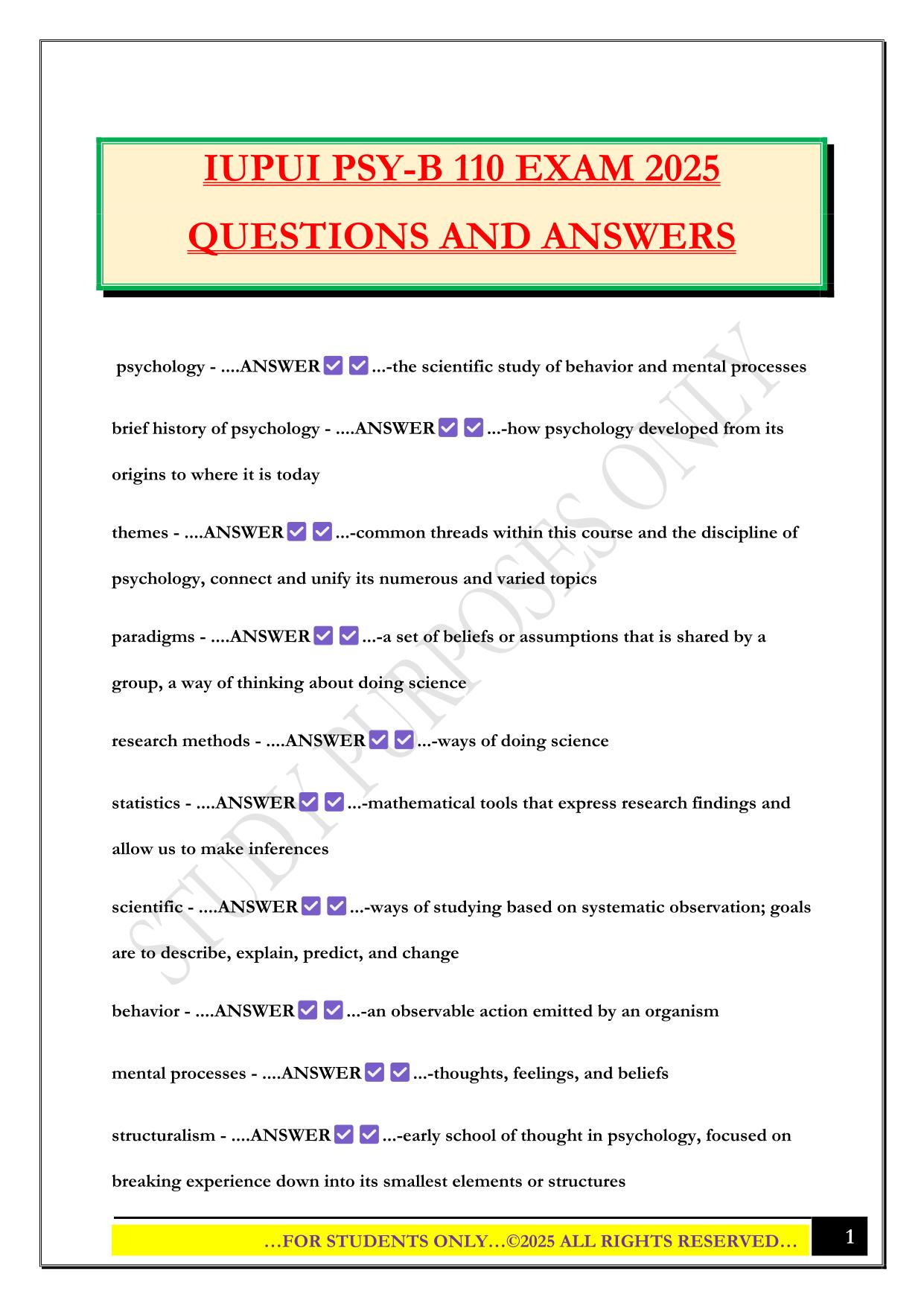 IUPUI PSY-B 110 EXAM 2025 QUESTIONS AND ANSWERS