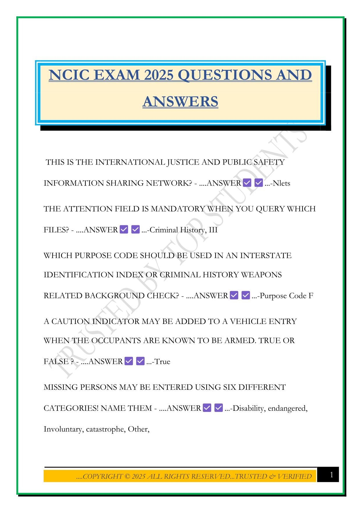 NCIC EXAM 2025 QUESTIONS AND ANSWERS