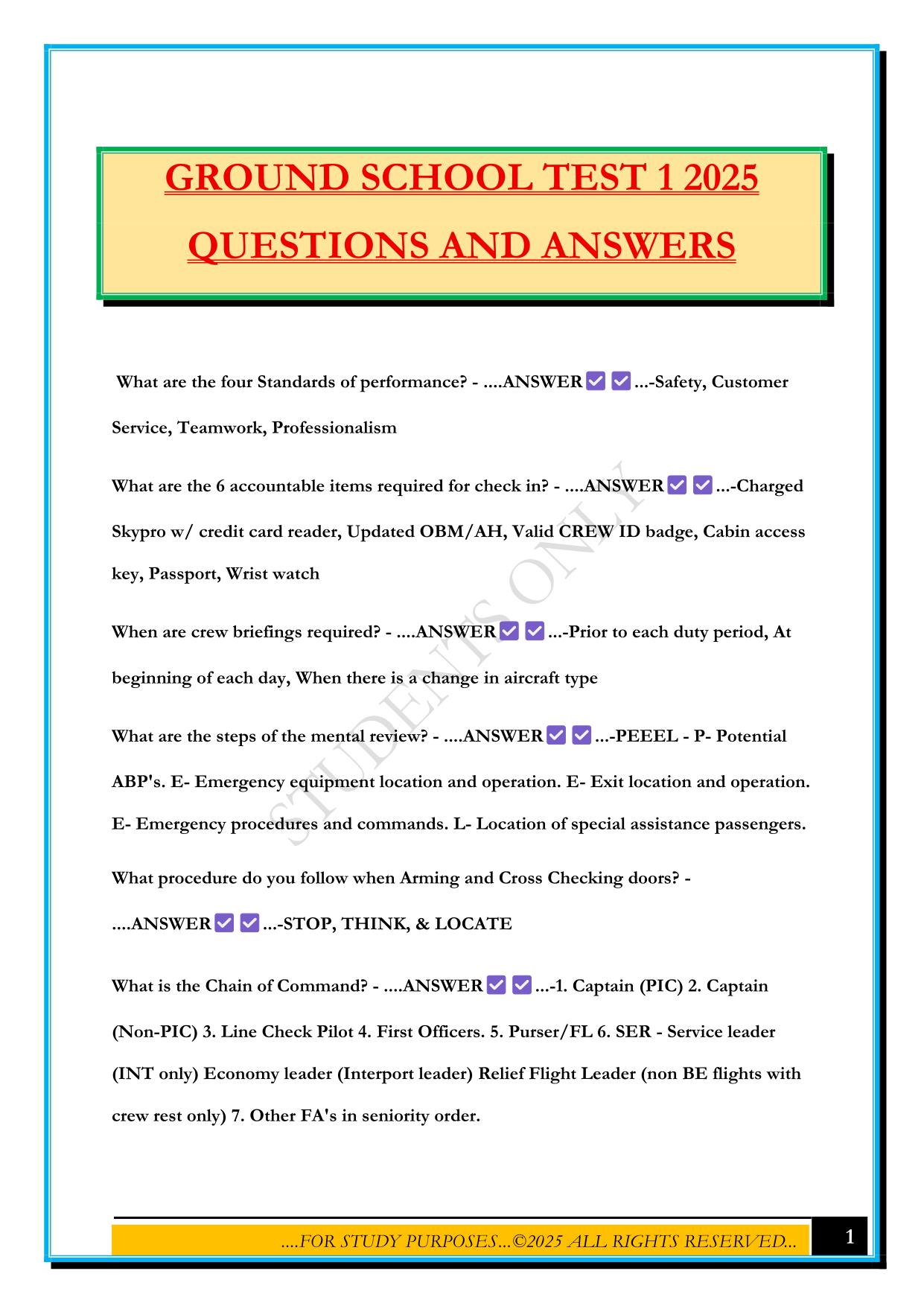 GROUND SCHOOL TEST 1 2025 QUESTIONS AND ANSWERS