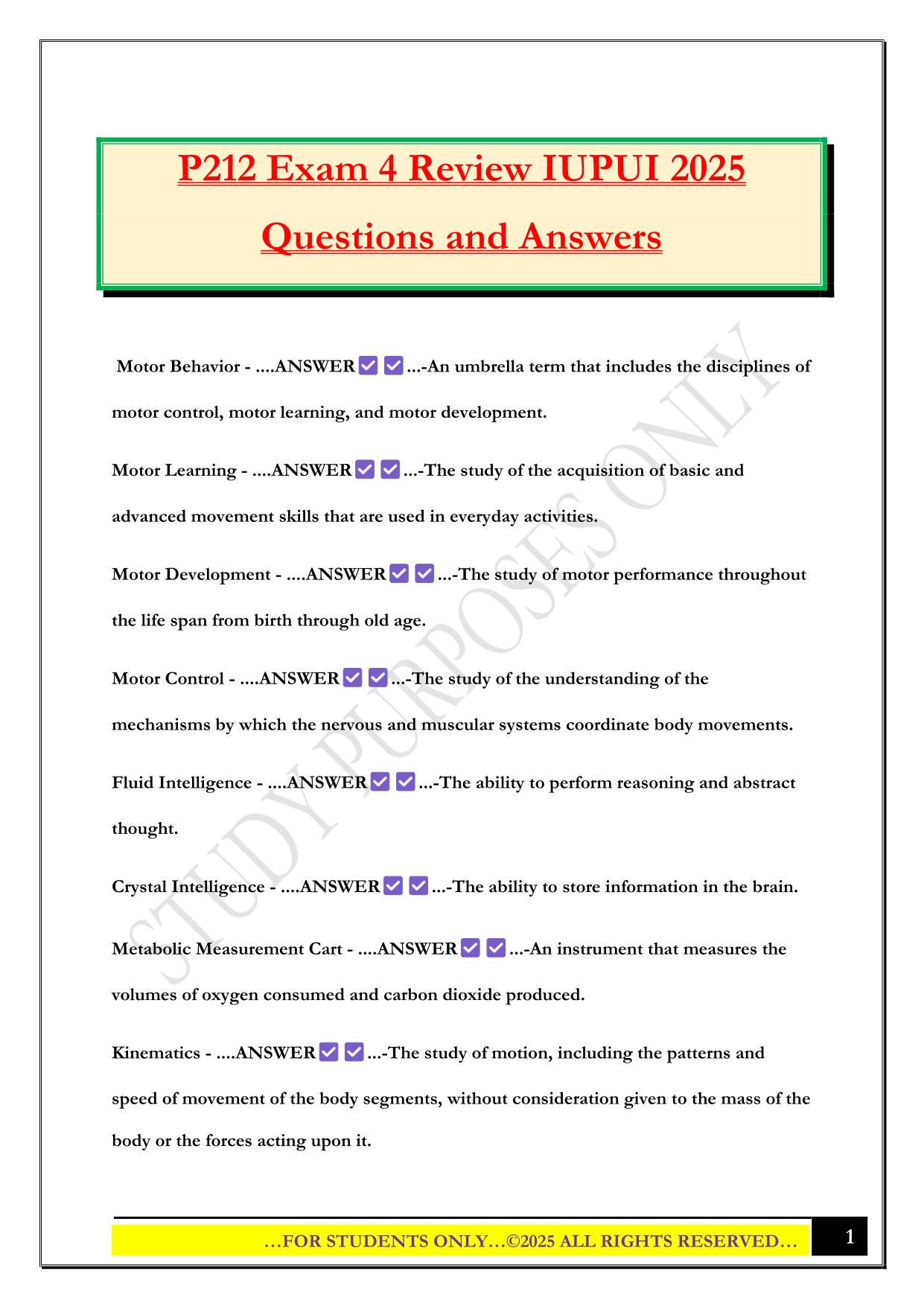 P212 Exam 4 Review IUPUI 2025 Questions and Answers
