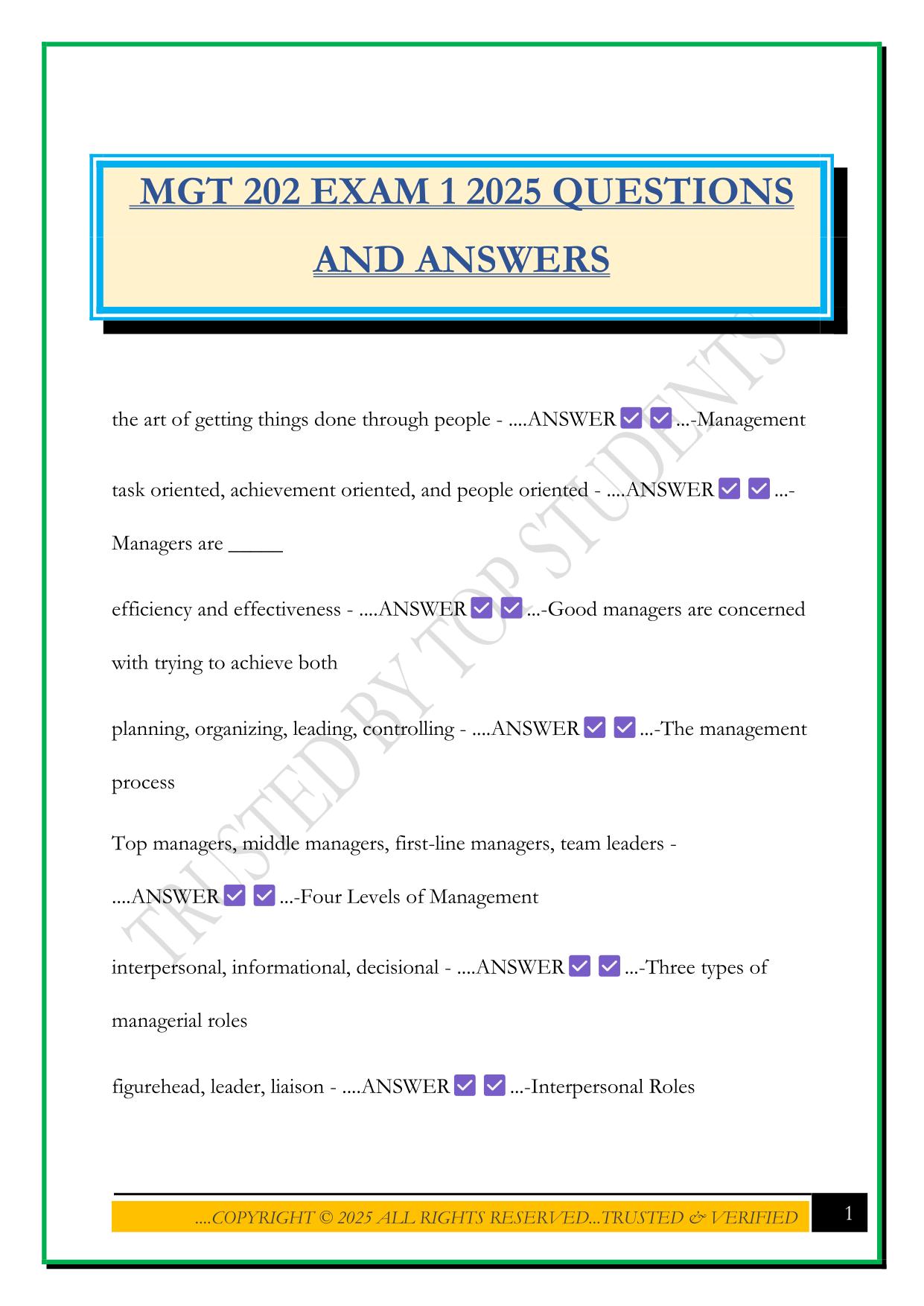 MGT 202 EXAM 1 2025 QUESTIONS AND ANSWERS