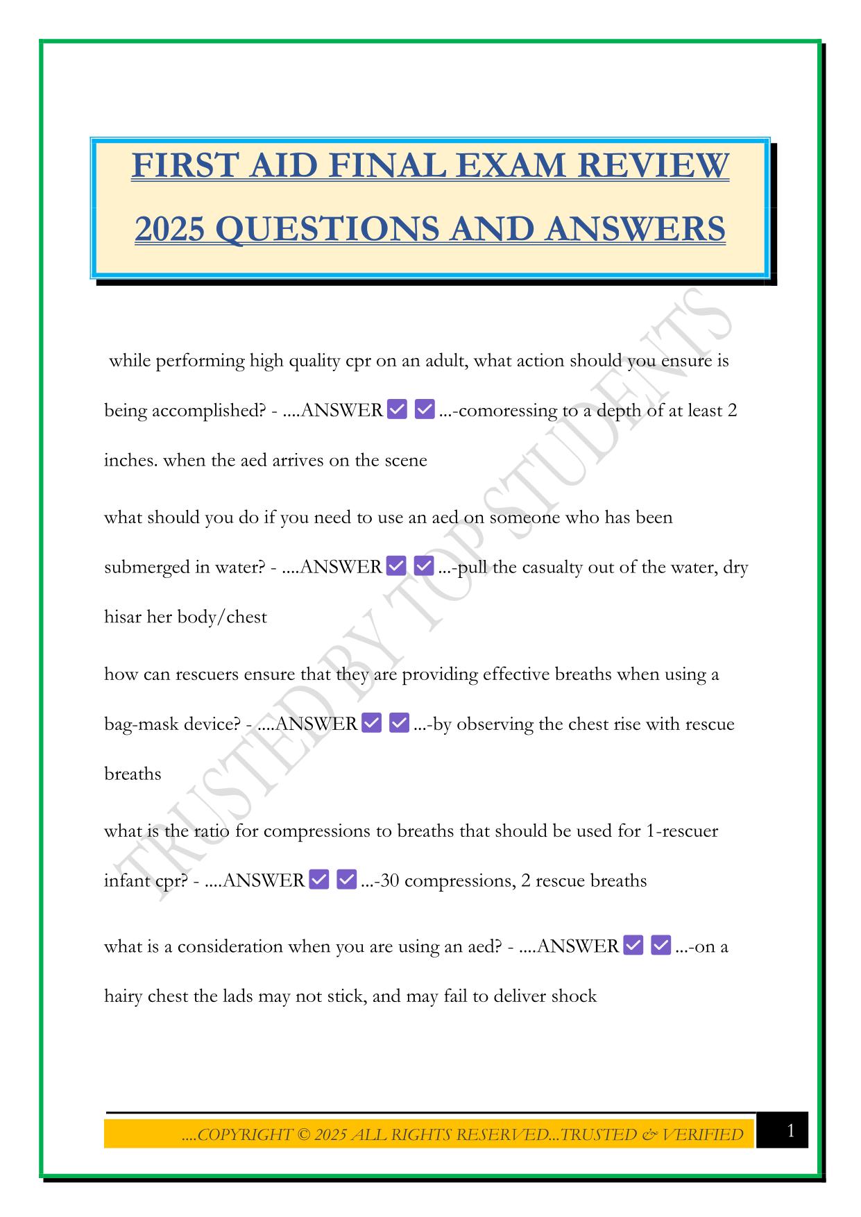 FIRST AID FINAL EXAM REVIEW 2025 QUESTIONS AND ANSWERS